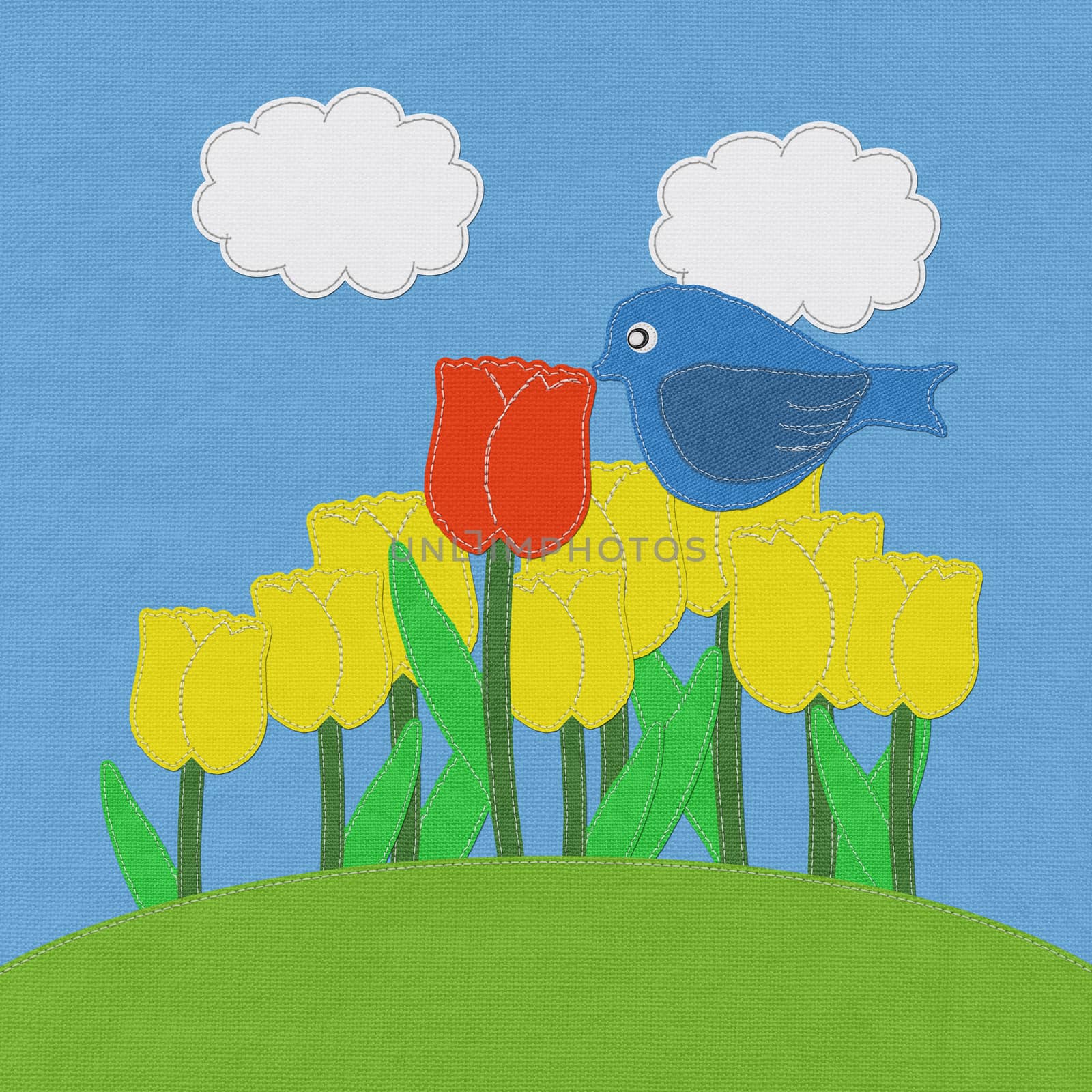 Tulip on green grass field with stitch style fabric background