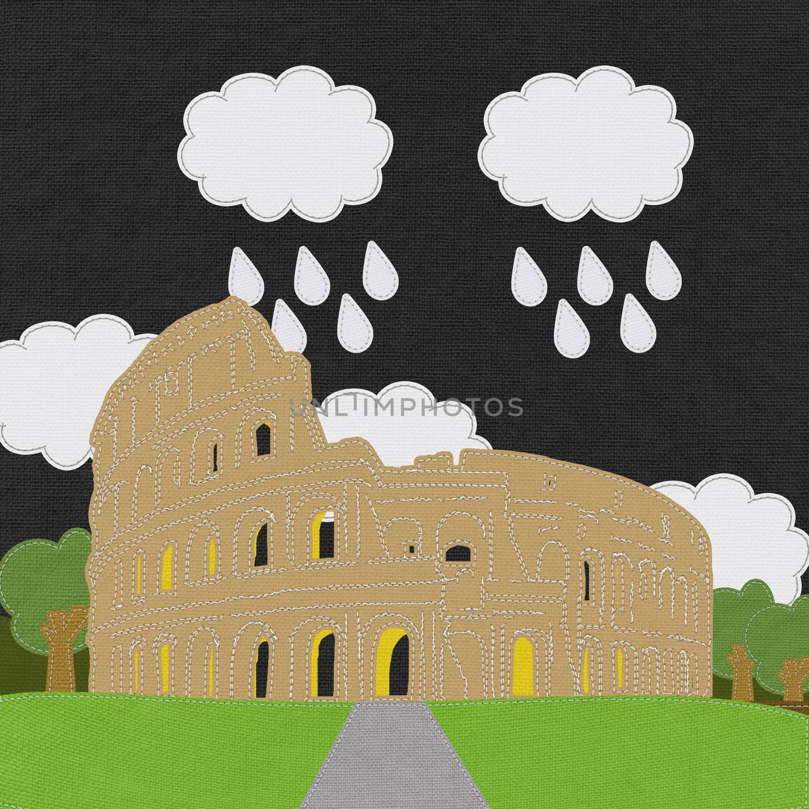 Colosseum in rome with stitch style on fabric background