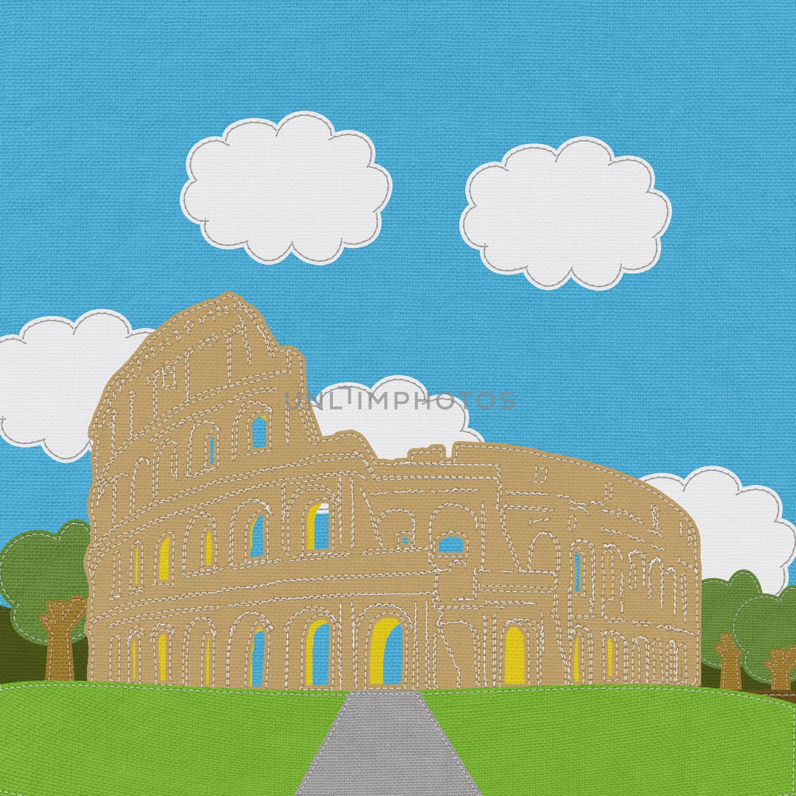 Colosseum in rome with stitch style on fabric background by basketman23