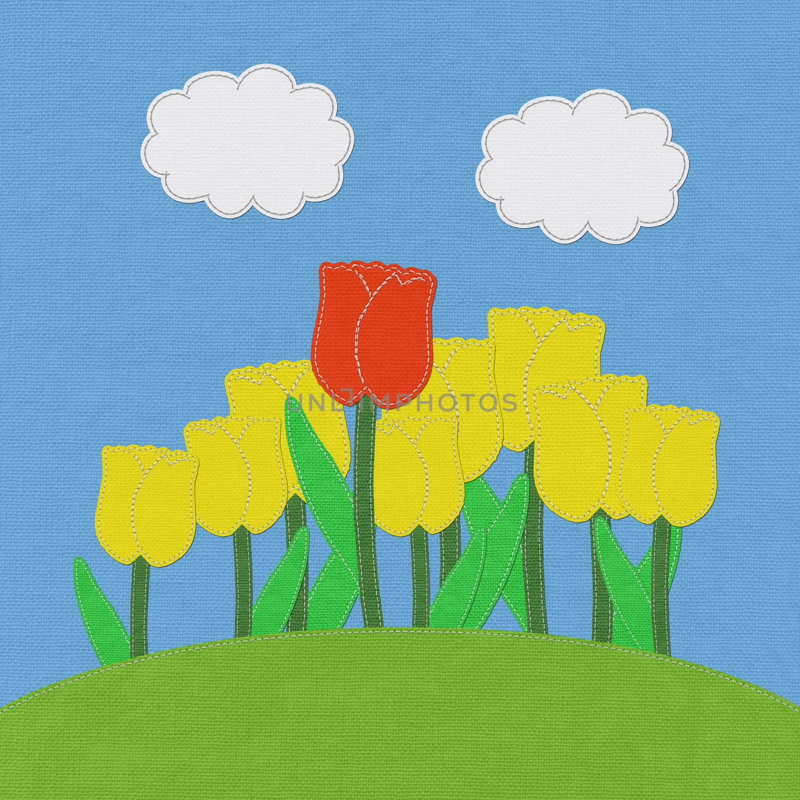 Tulip on green grass field with stitch style fabric background by basketman23