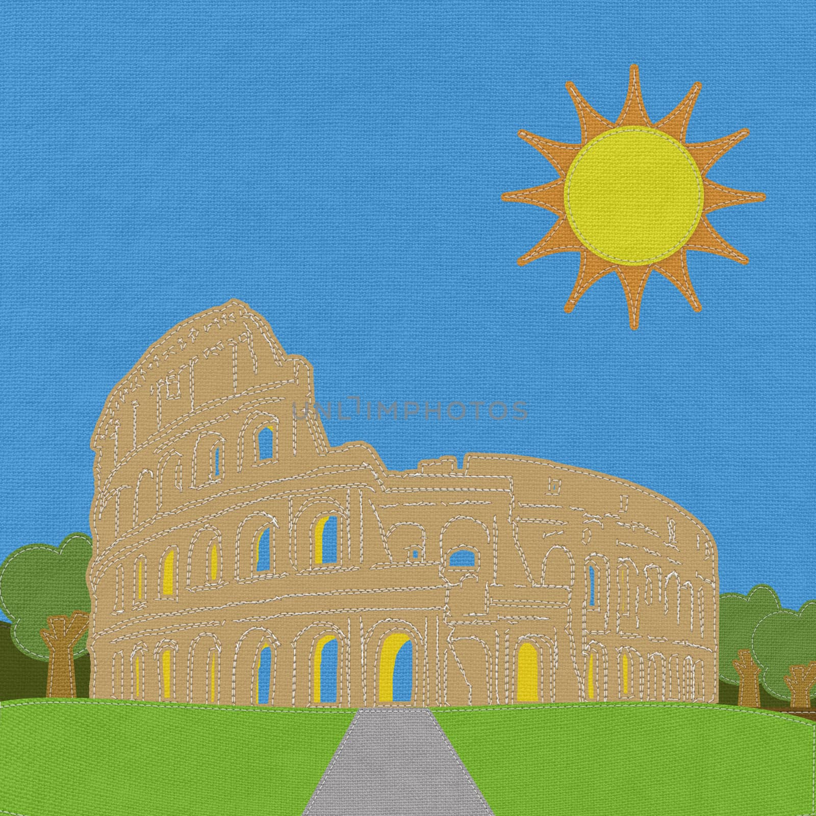 Colosseum in rome with stitch style on fabric background