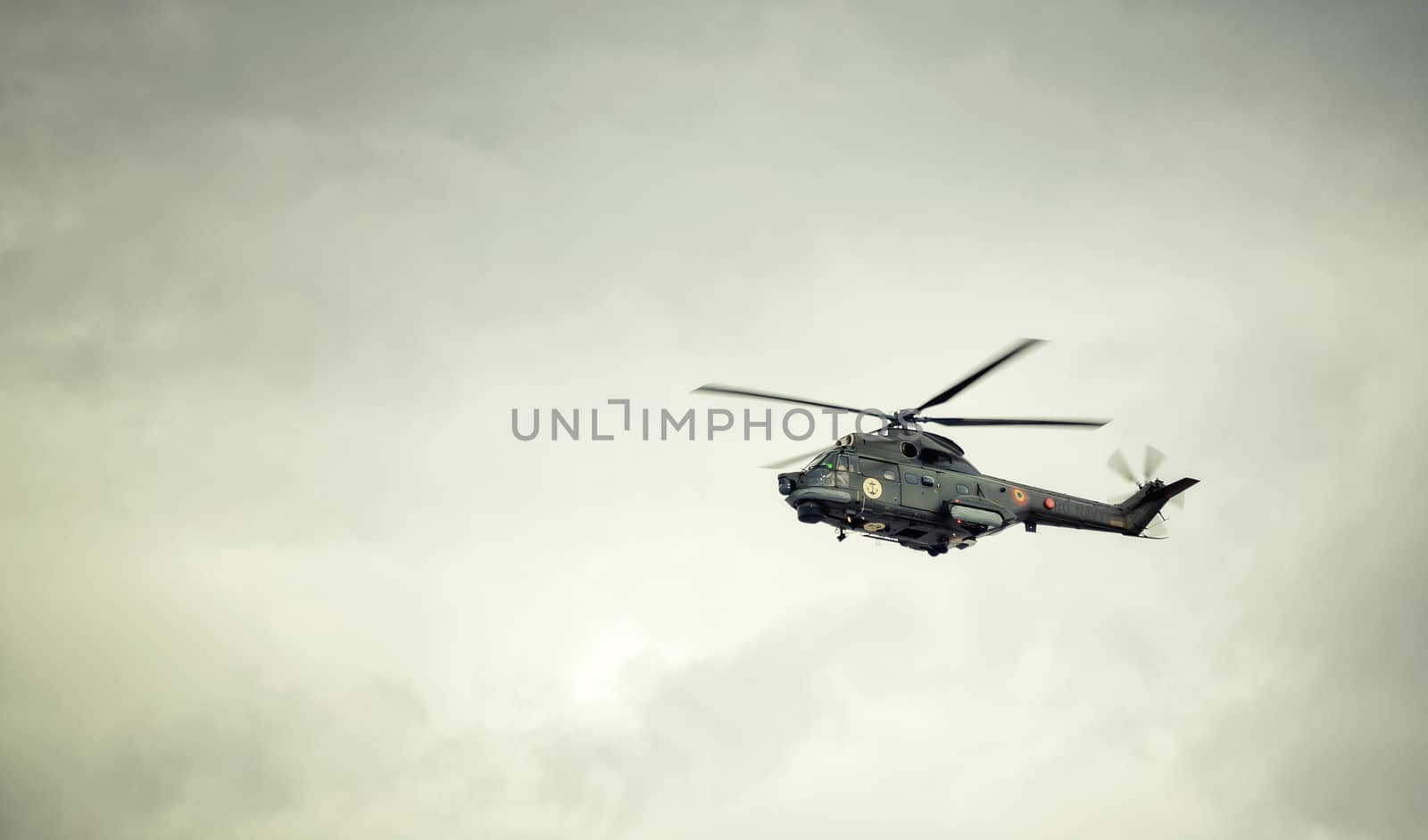 BUCHAREST, RO - November 29: Romanian Navi IAR 330 helicopter on November 29 2013. The IAR 330 is the Romanian-built version of Aérospatiale's SA 330 Puma helicopter.

