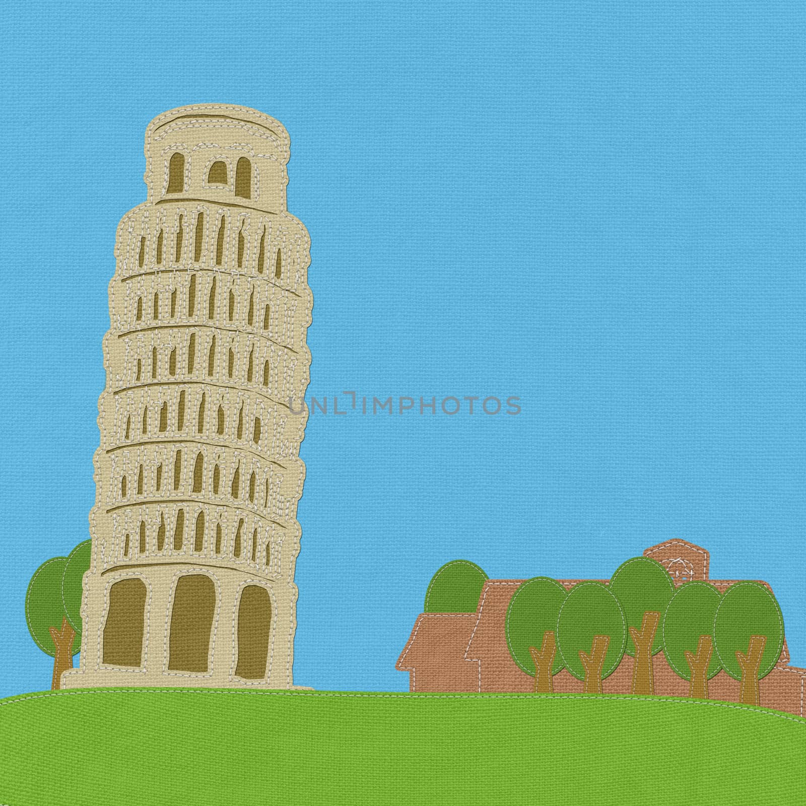 Pisa tower in stitch style on fabric background