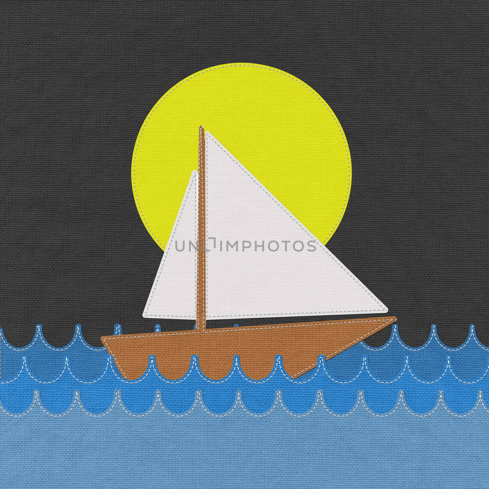 Boat in the sea with stitch style on fabric background