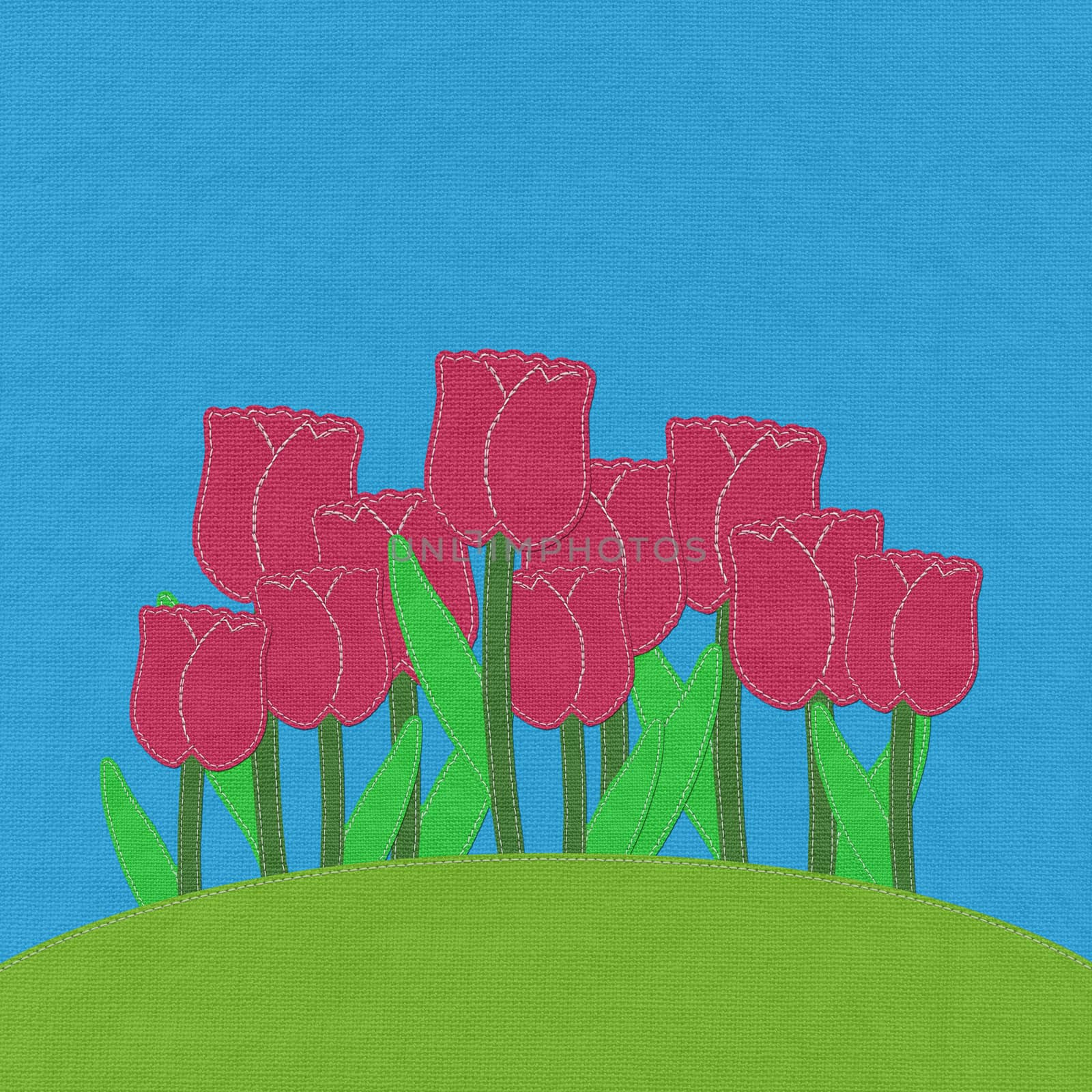 Tulip on green grass field with stitch style fabric background by basketman23