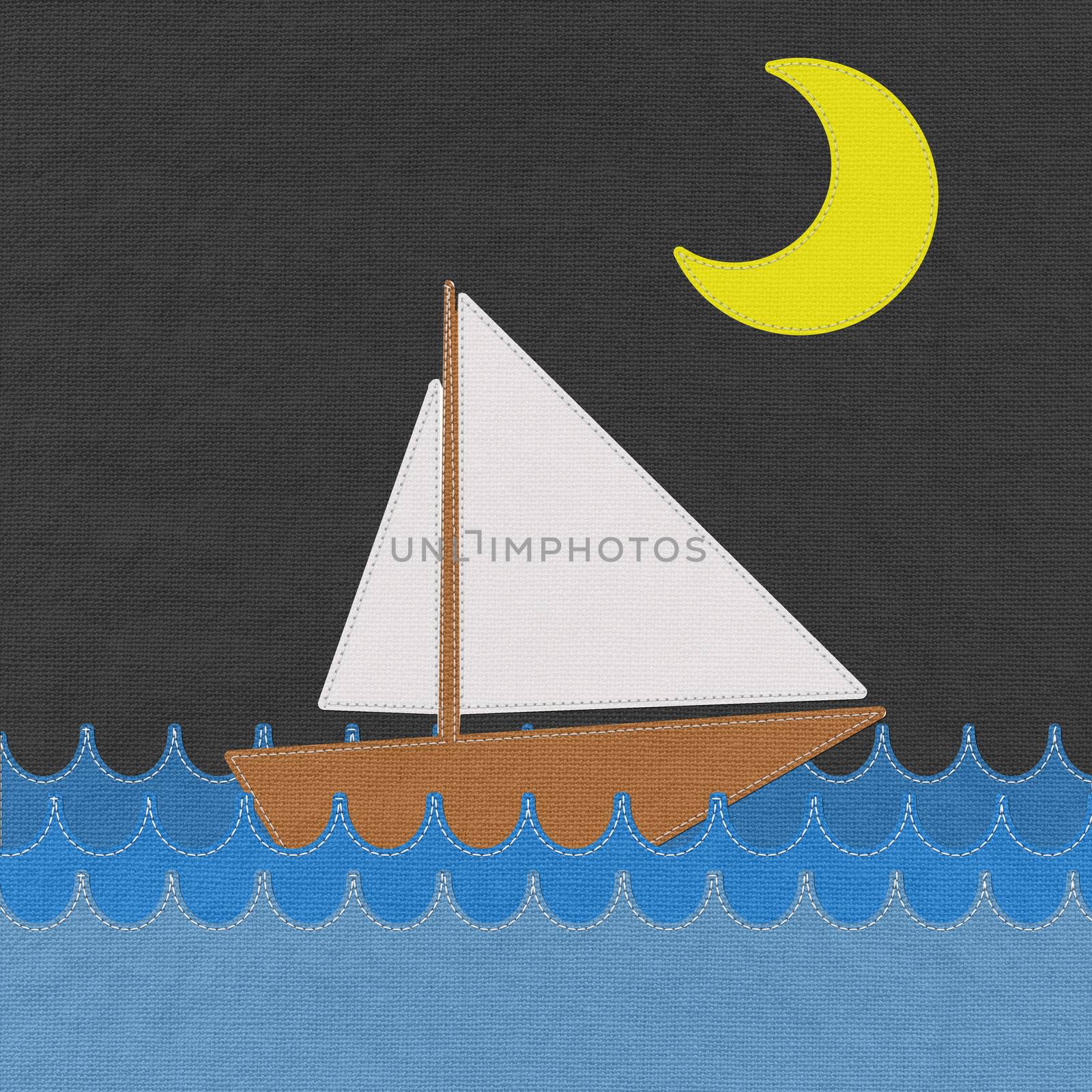 Boat in the sea with stitch style on fabric background by basketman23
