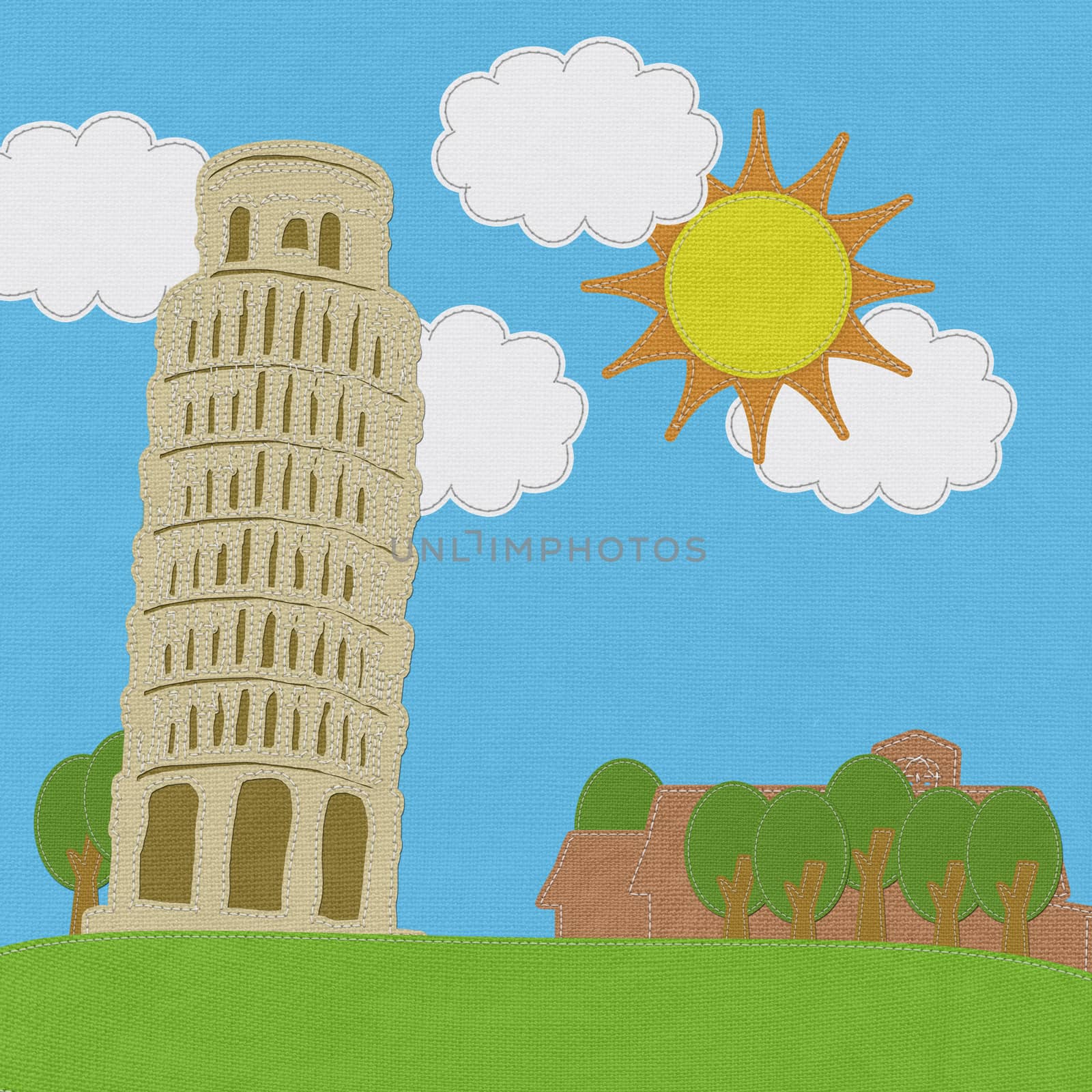 Pisa tower in stitch style on fabric background