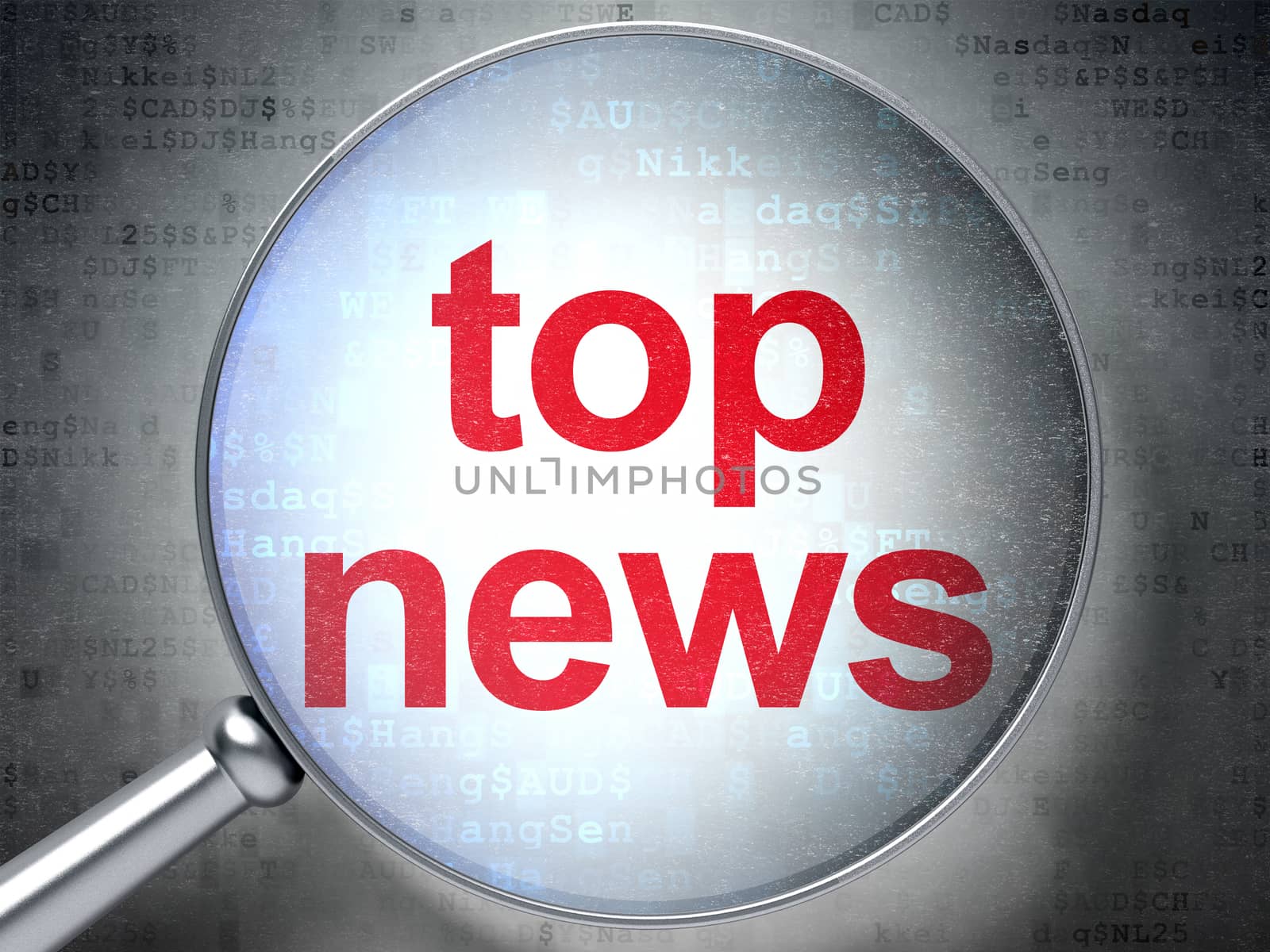 News concept: magnifying optical glass with words Top News on digital background, 3d render