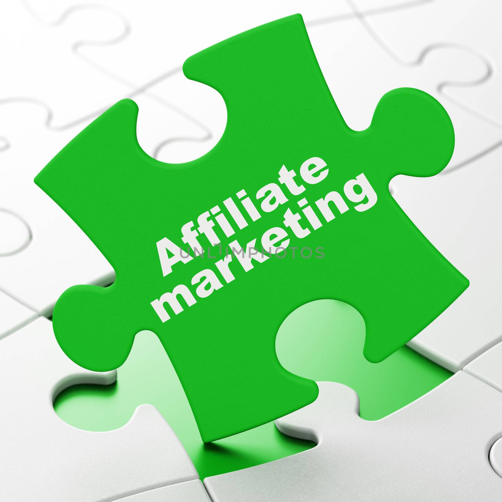 Finance concept: Affiliate Marketing on Green puzzle pieces background, 3d render