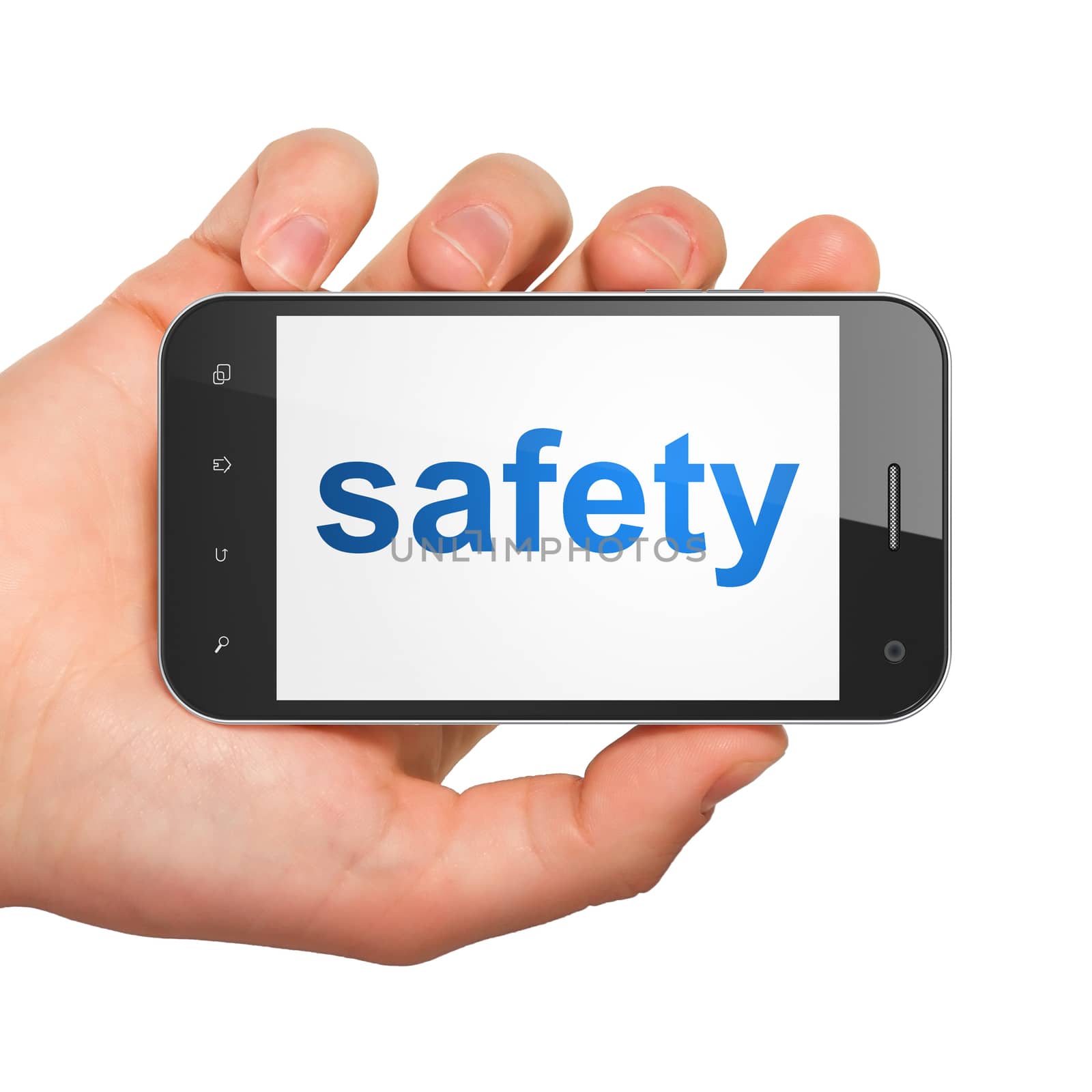 Safety concept: hand holding smartphone with word Safety on display. Mobile smart phone on White background, 3d render