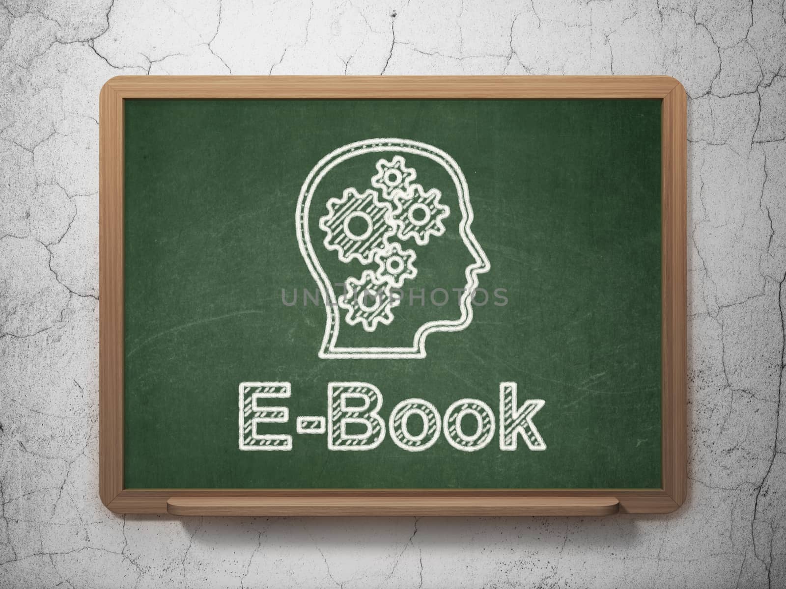 Education concept: Head With Gears icon and text E-Book on Green chalkboard on grunge wall background, 3d render