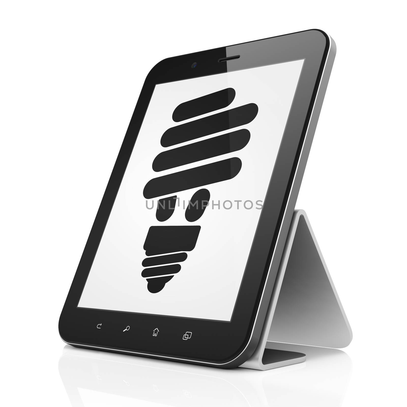 Finance concept: Energy Saving Lamp on tablet pc computer by maxkabakov