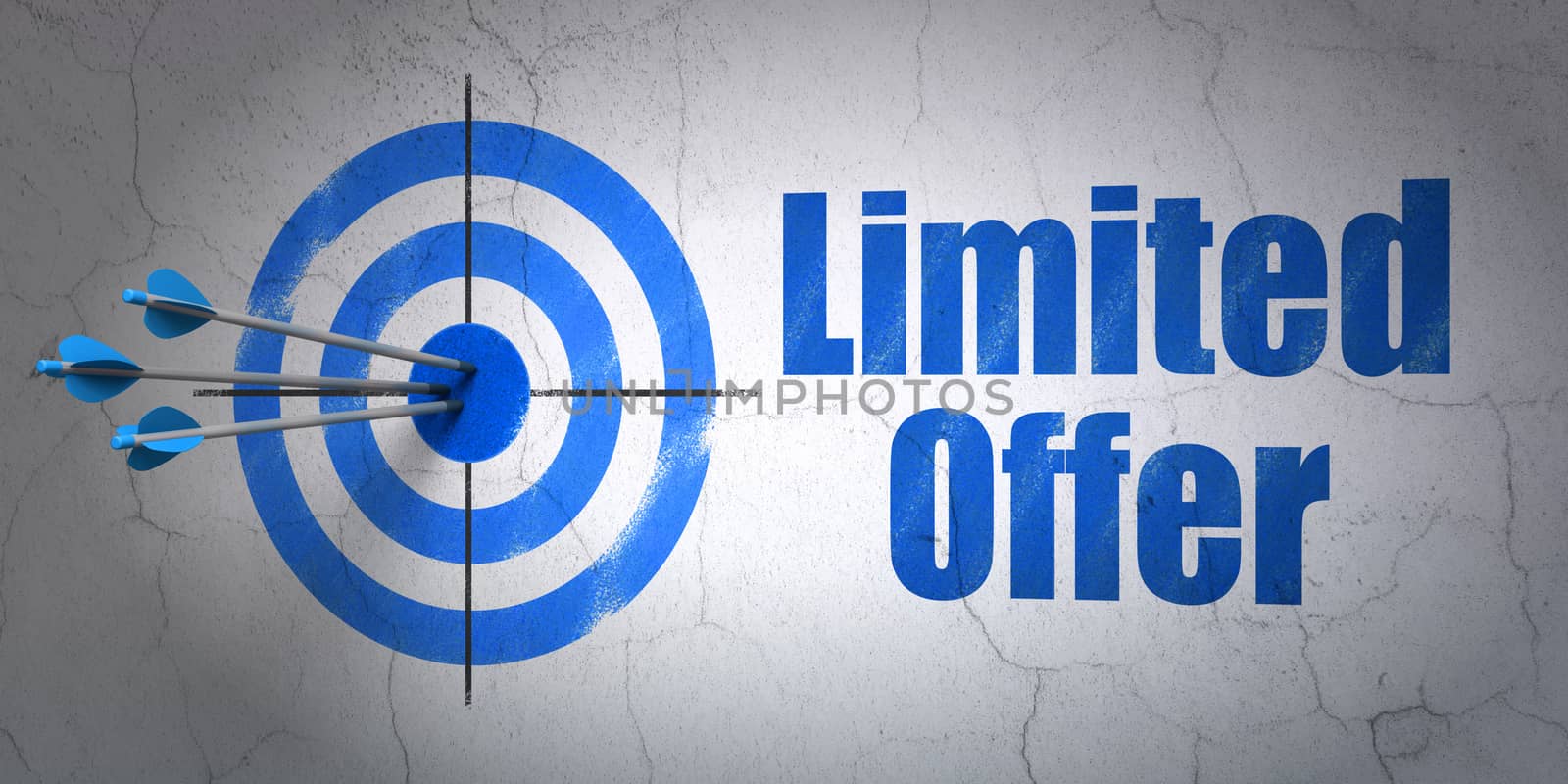 Success business concept: arrows hitting the center of target, Blue Limited Offer on wall background, 3d render