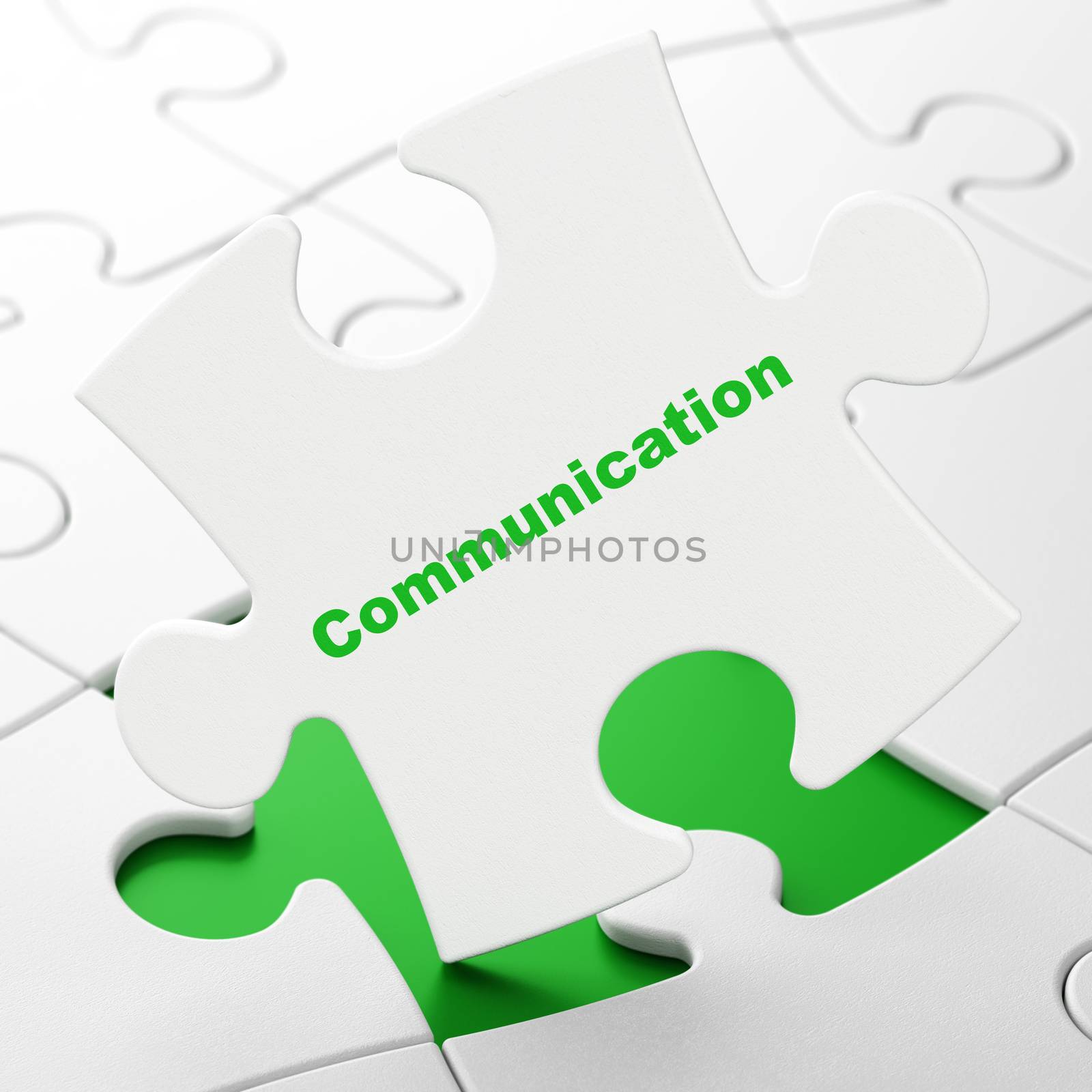Marketing concept: Communication on White puzzle pieces background, 3d render