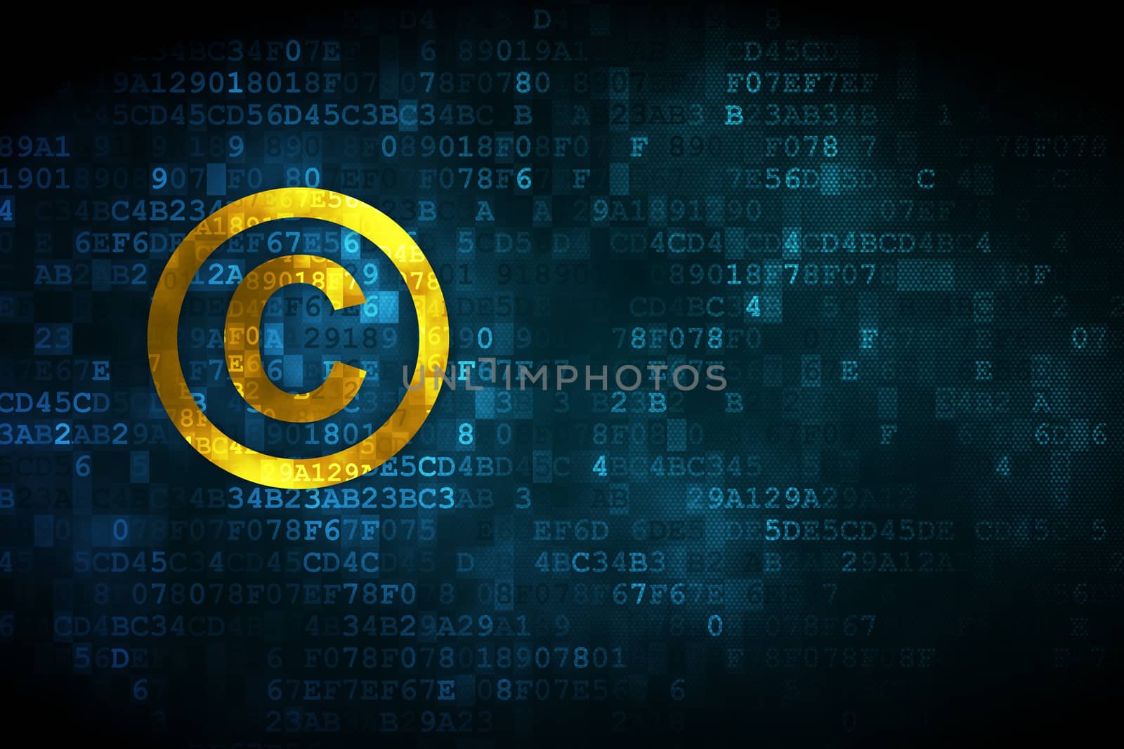 Law concept: pixelated Copyright icon on digital background, empty copyspace for card, text, advertising, 3d render