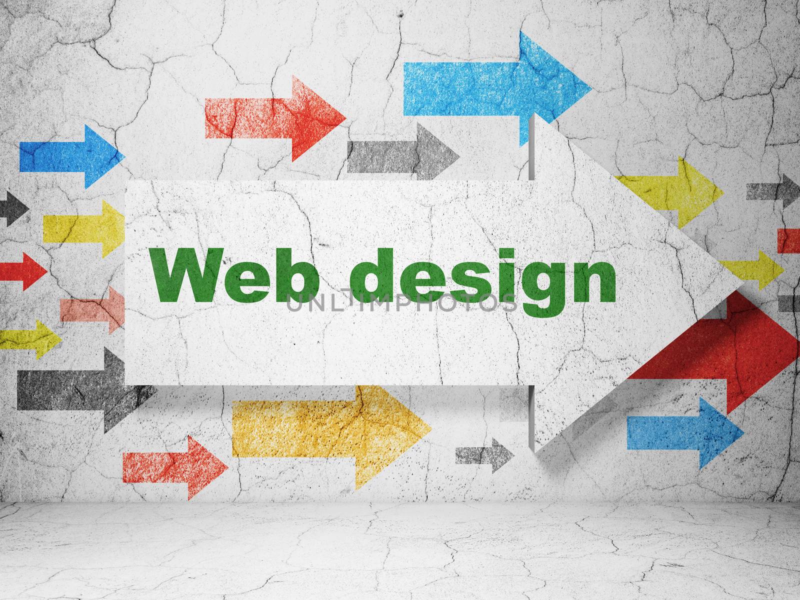 Web development concept:  arrow with Web Design on grunge textured concrete wall background, 3d render