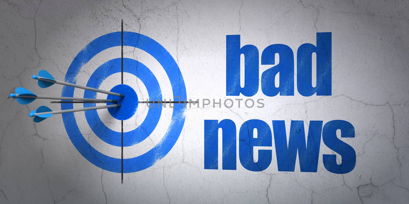 Success news concept: arrows hitting the center of target, Blue Bad News on wall background, 3d render