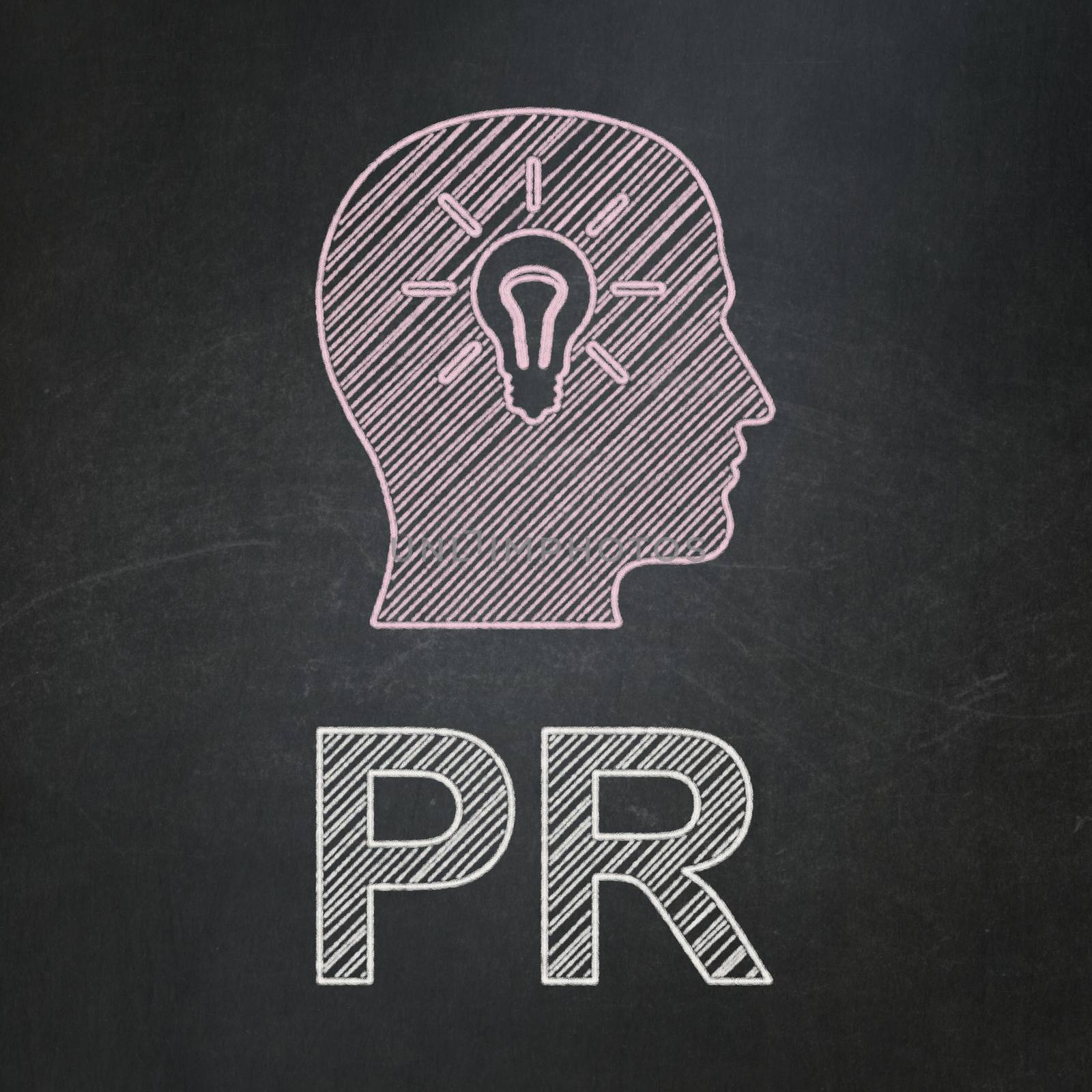 Marketing concept: Head With Light Bulb icon and text PR on Black chalkboard background, 3d render