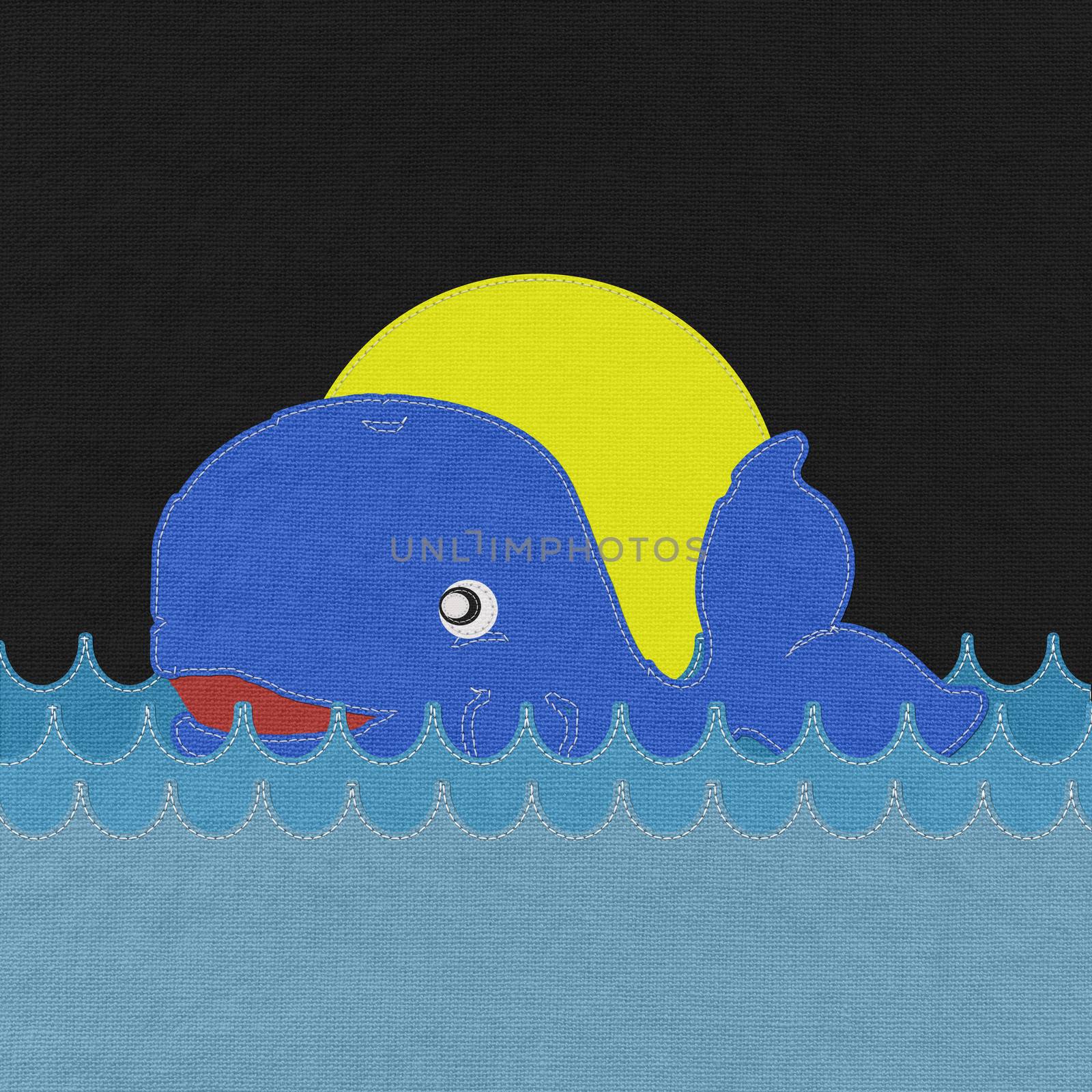 Cute Smiling Whale with stitch style on fabric background by basketman23