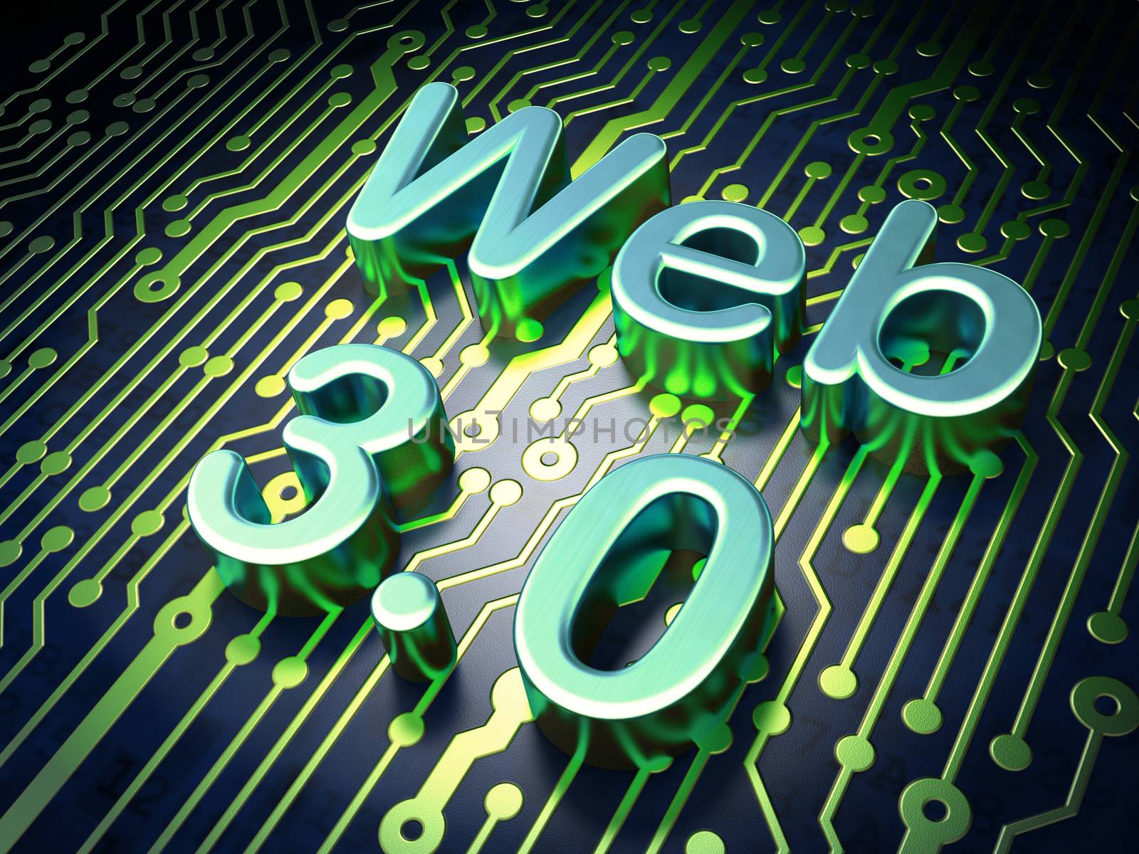 SEO web design concept: circuit board with word Web 3.0, 3d render