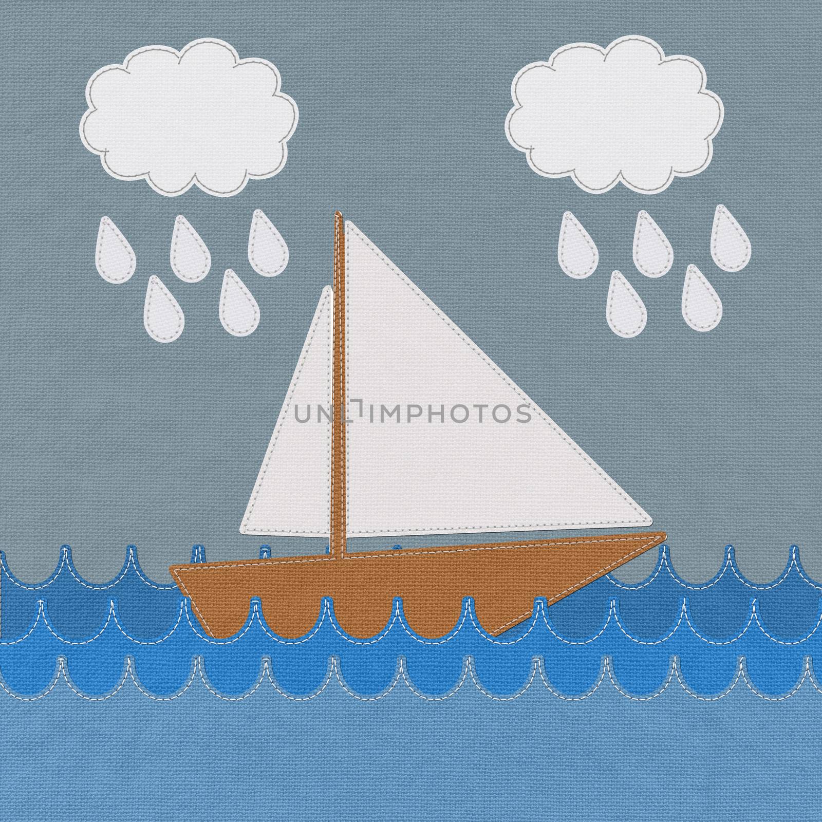 Boat in the sea with stitch style on fabric background