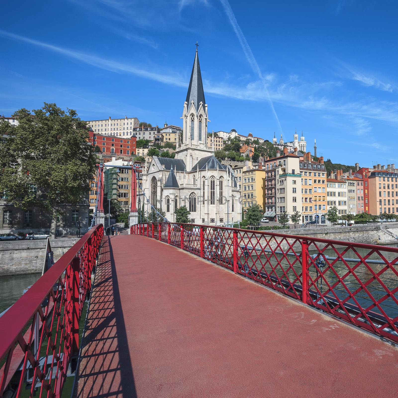 Lyon city with red footbridge by vwalakte