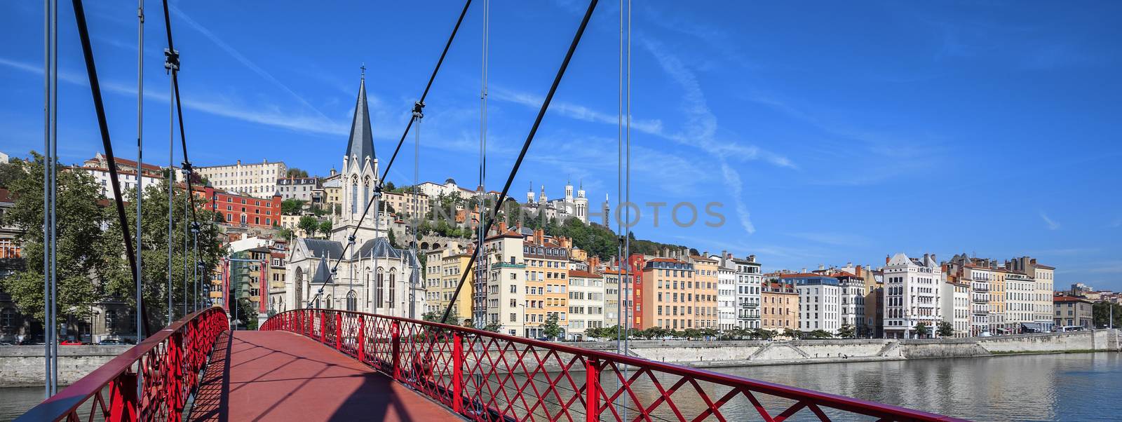 Lyon city with red footbridge on Saone river, panoramic view