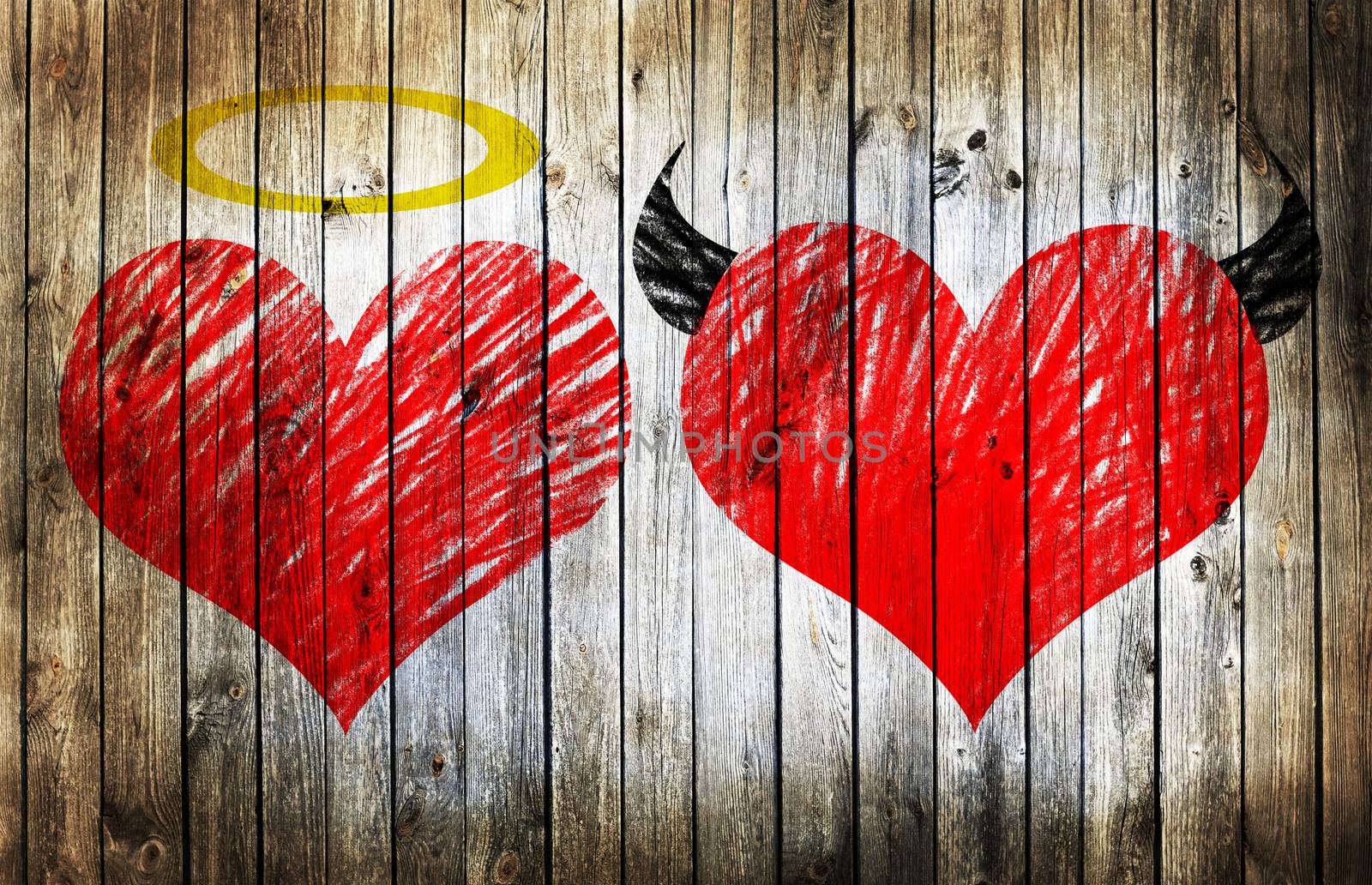 Valentines day background wih two hearts - devil and angel