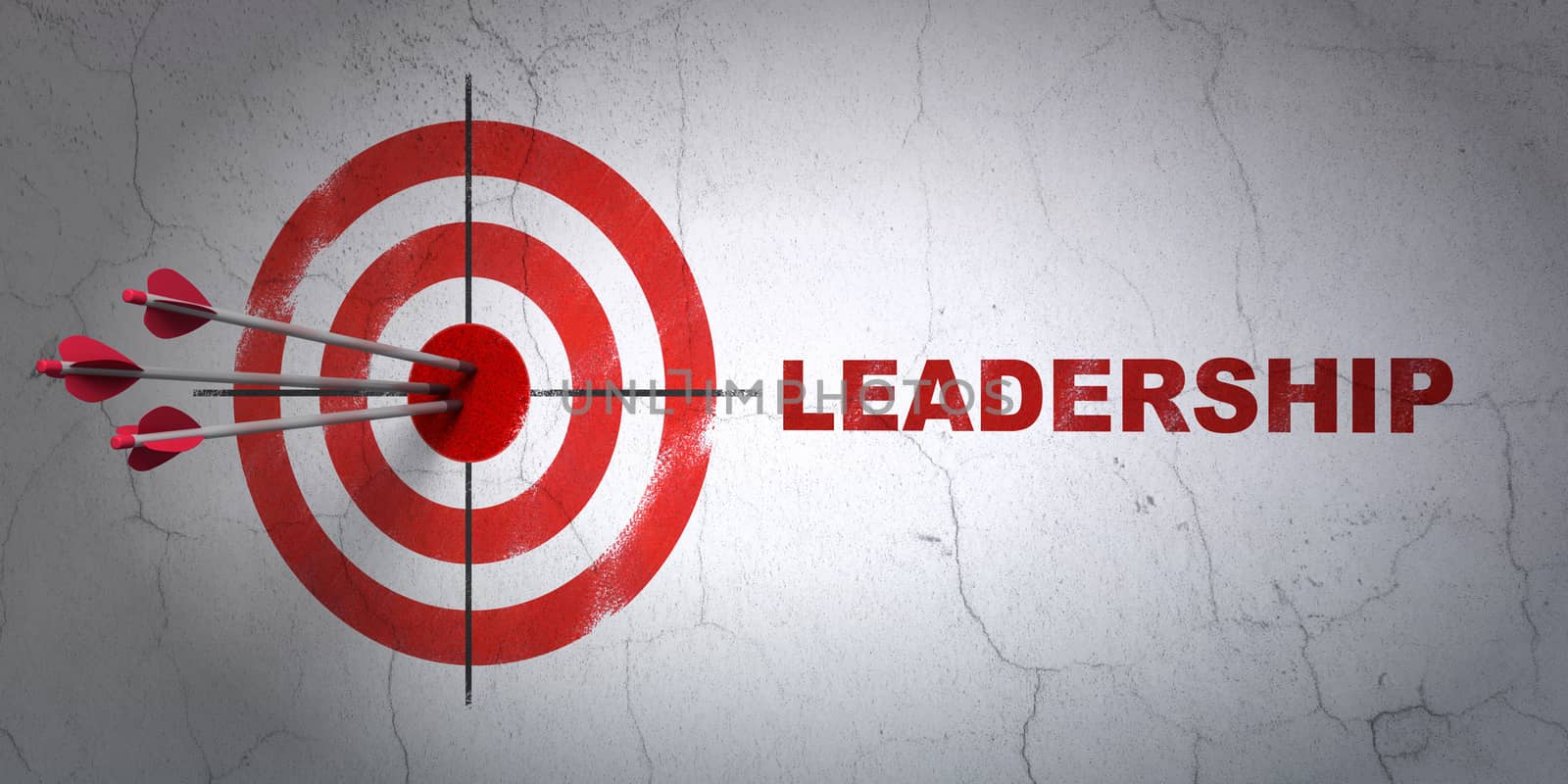 Success business concept: arrows hitting the center of target, Red Leadership on wall background, 3d render