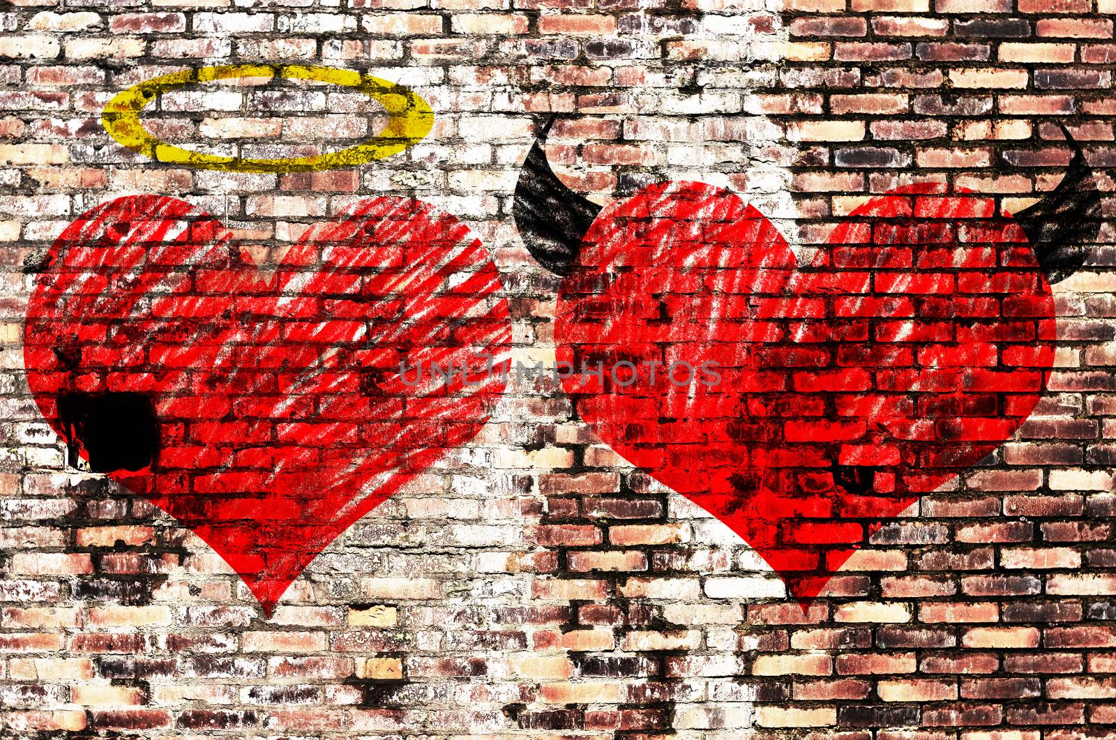 Valentines day background wih two hearts - devil and angel