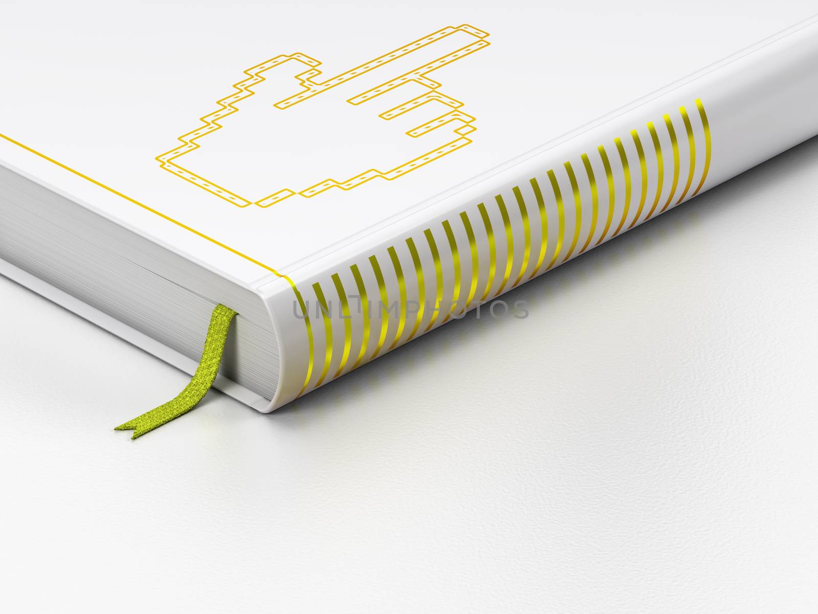 Web design concept: closed book with Gold Mouse Cursor icon on floor, white background, 3d render