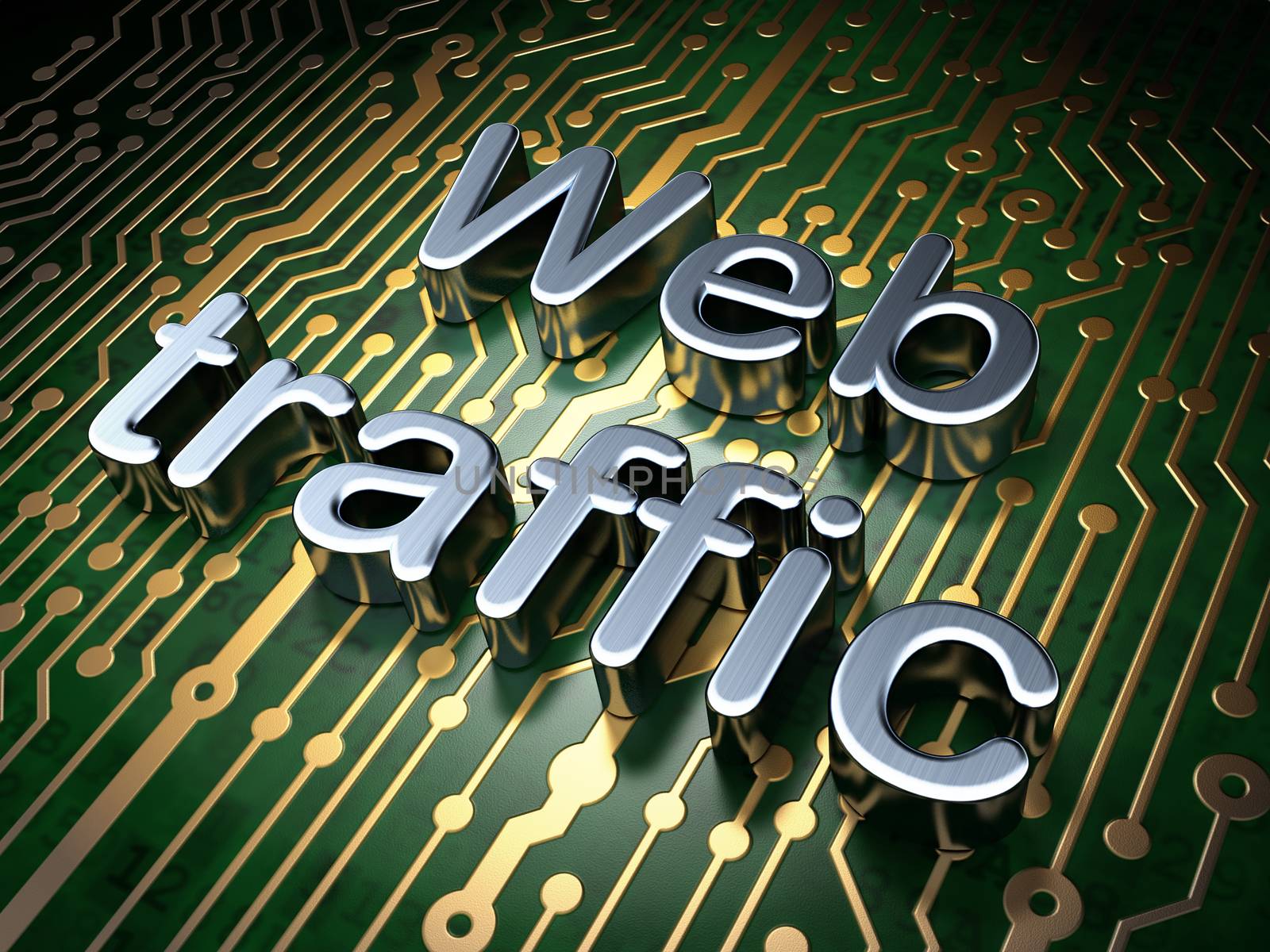SEO web development concept: circuit board with word Web Traffic, 3d render