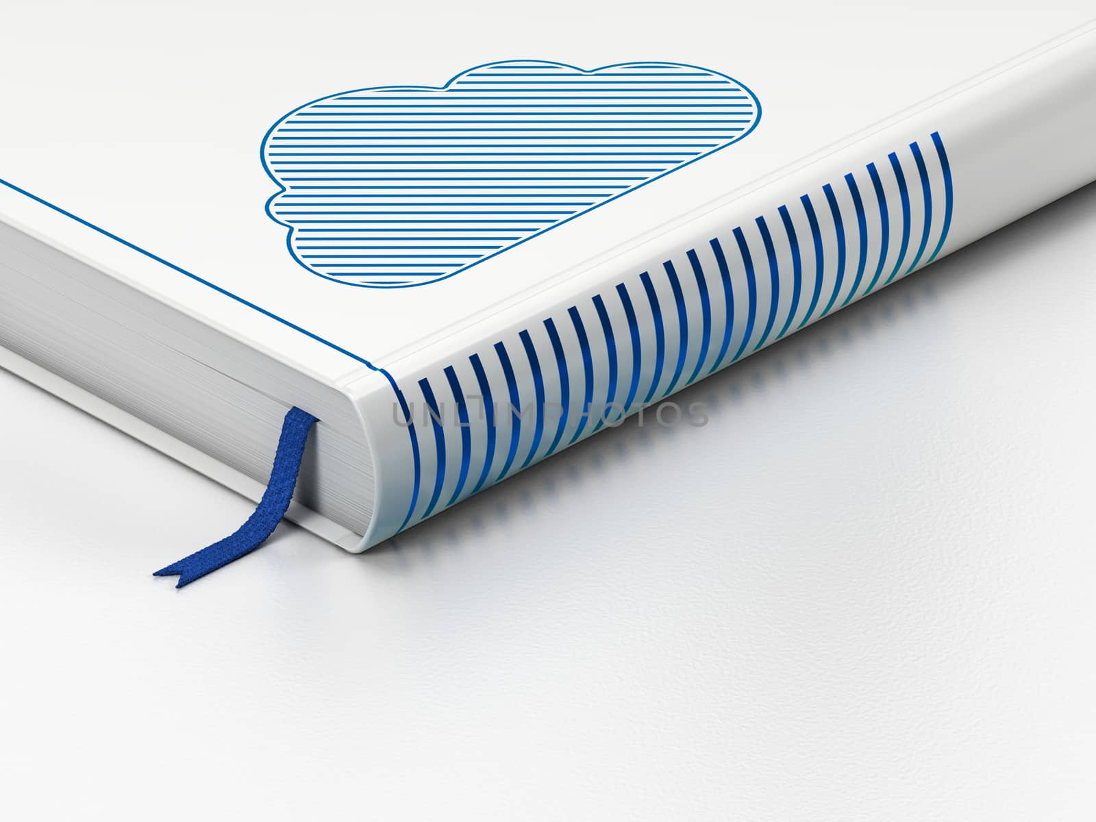 Cloud computing concept: closed book with Blue Cloud icon on floor, white background, 3d render