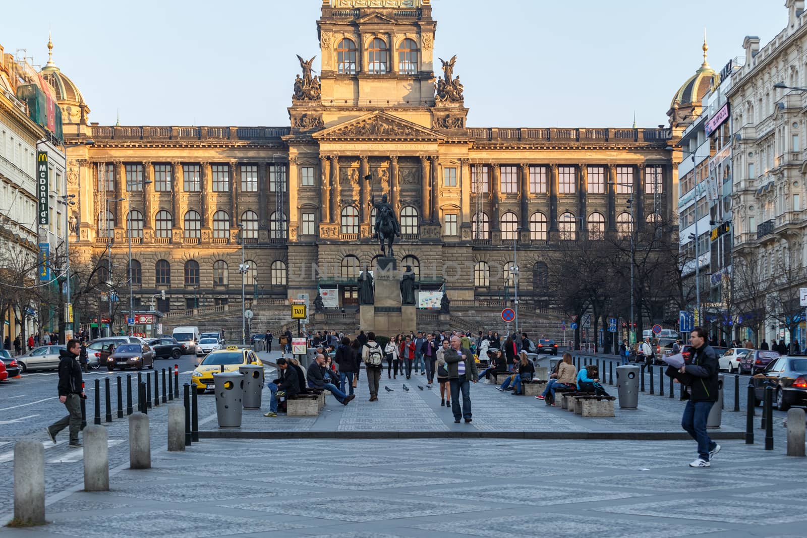 PRAGUE, CZECH REPUBLIC - MARCH 13th, 2014 - Historical statue of saint Wenceslas on top of Wenceslas square and national museum in background