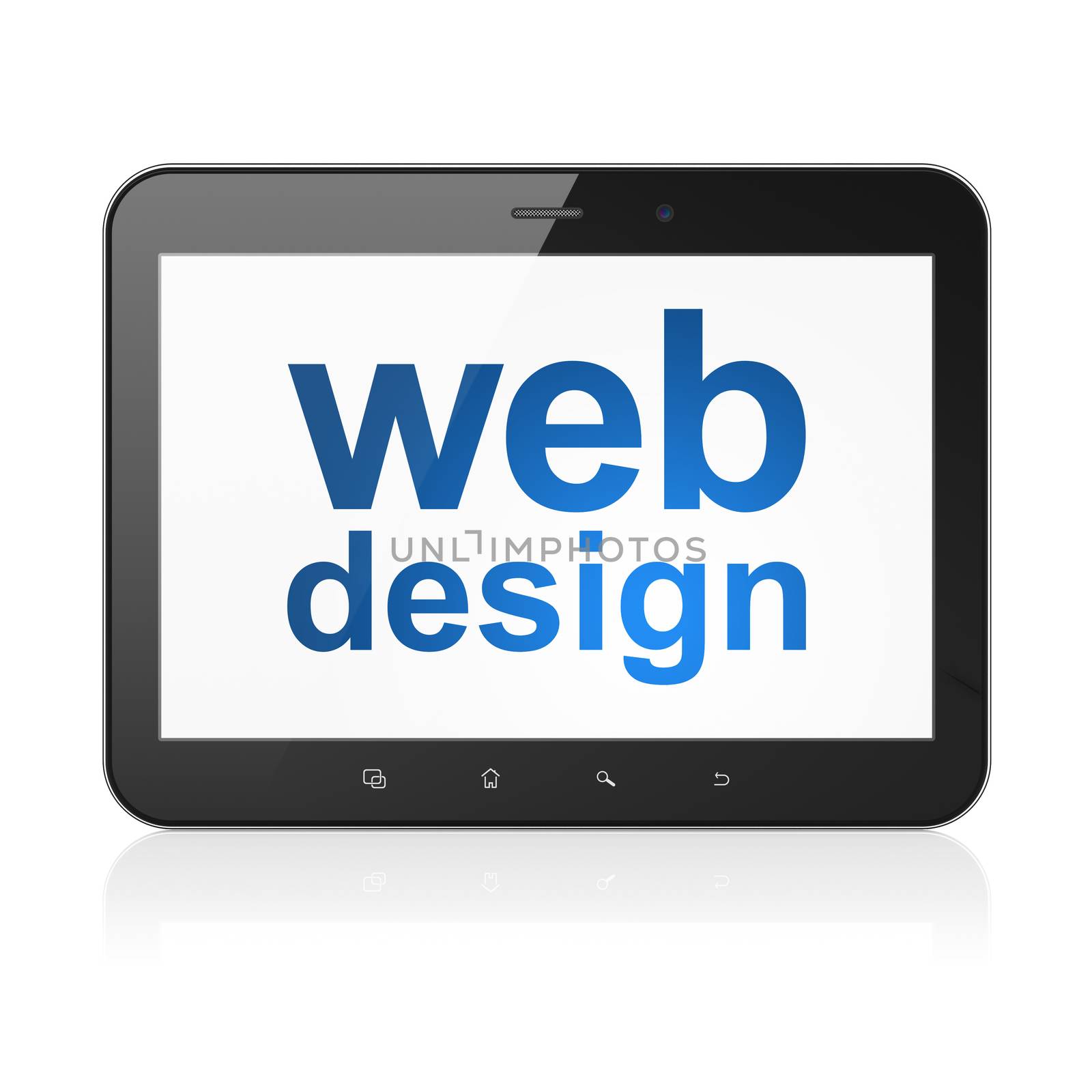 Web design concept: black tablet pc computer with text Web Design on display. Modern portable touch pad on White background, 3d render