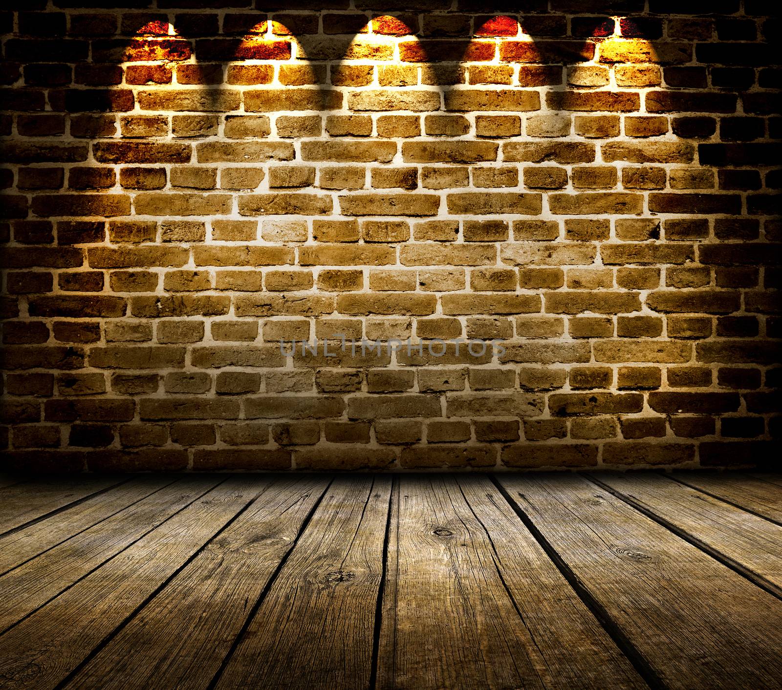 Vinatge room interior with brick wall and wood floor