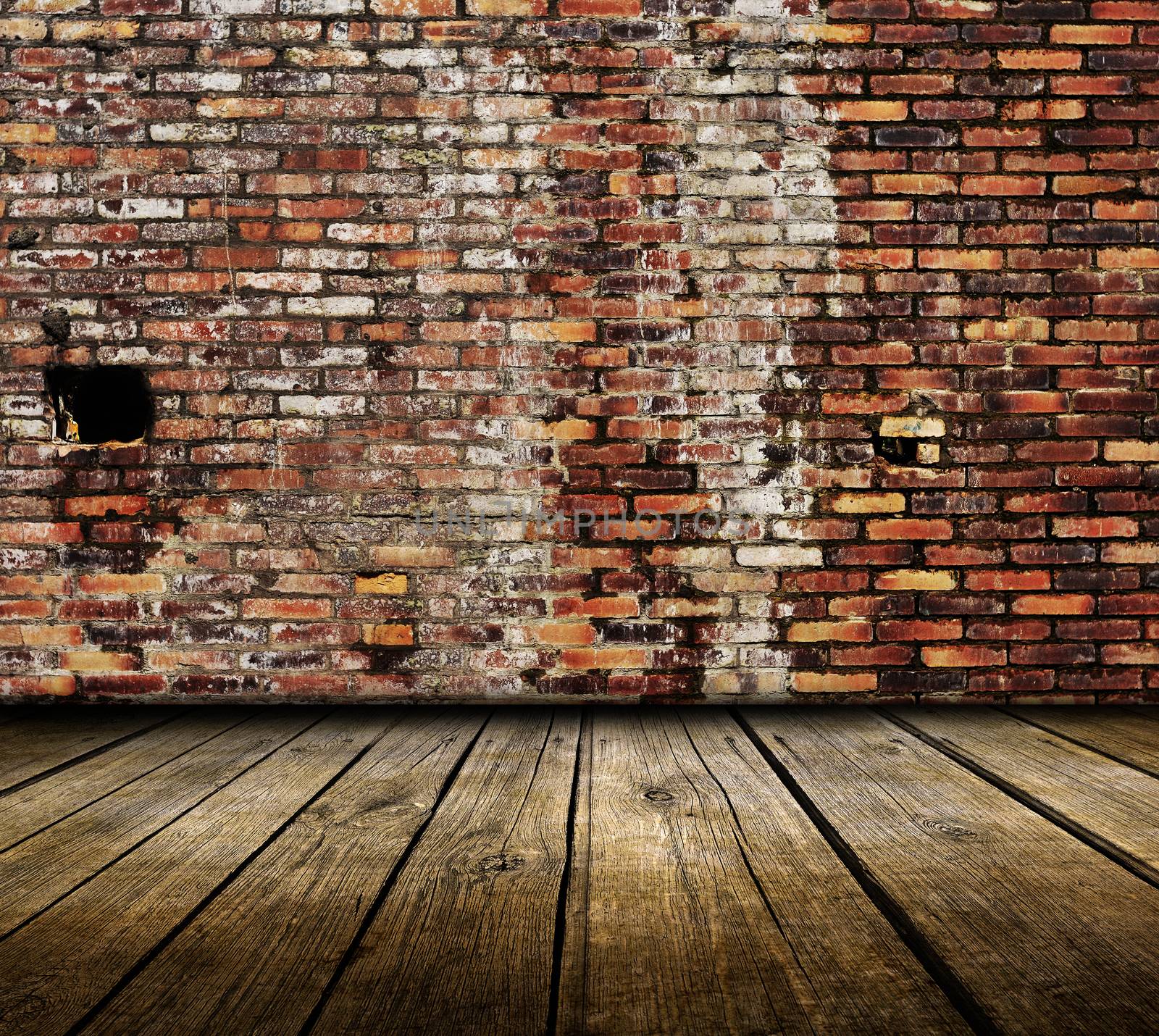 Vinatge room interior with brick wall and wood floor