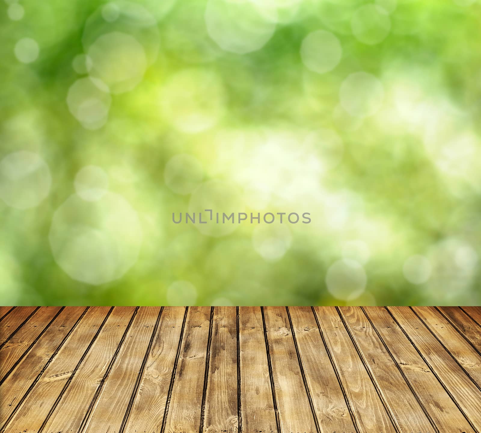 Empty wooden table and spring defocused background