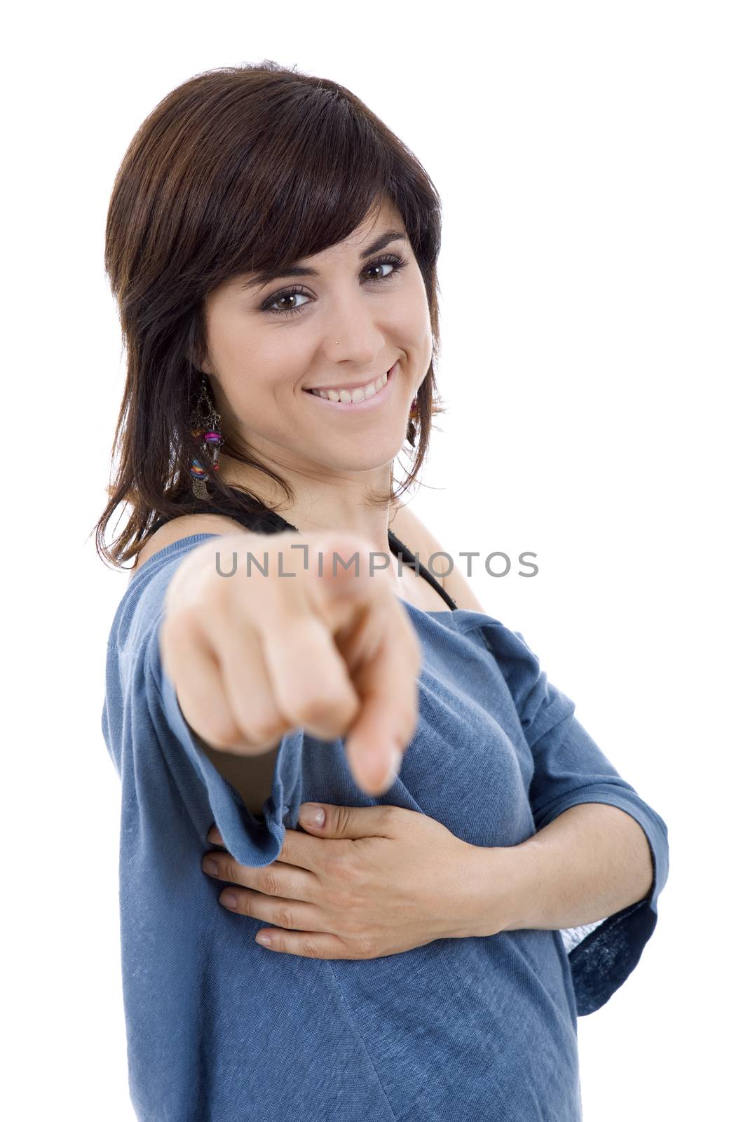 young happy beautiful woman pointing, isolated in white