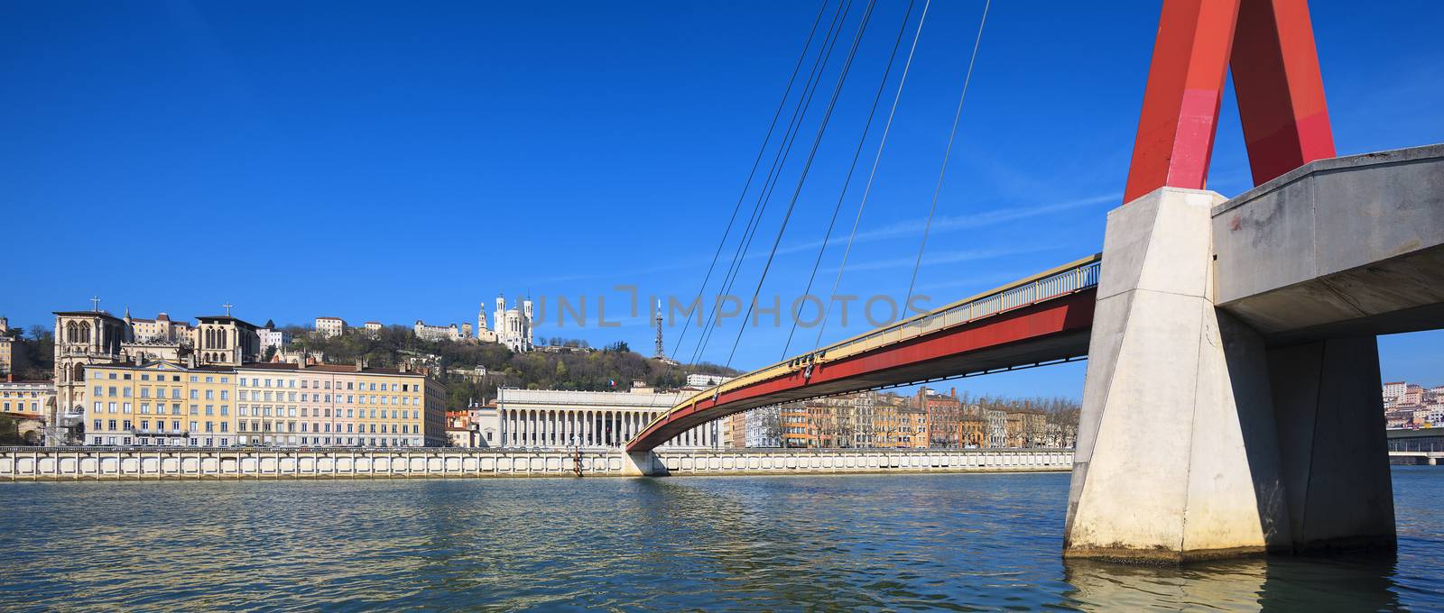 Panoramic view of Saone river and footbridge at Lyon by vwalakte