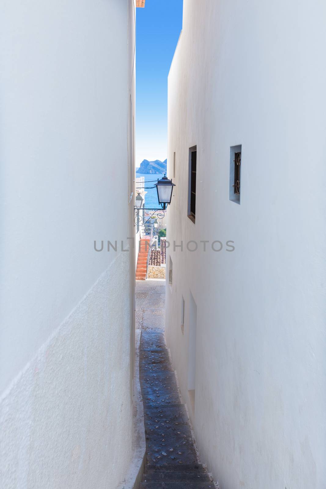 Altea old village white narrow street typical Mediterranean at Alicante Spain