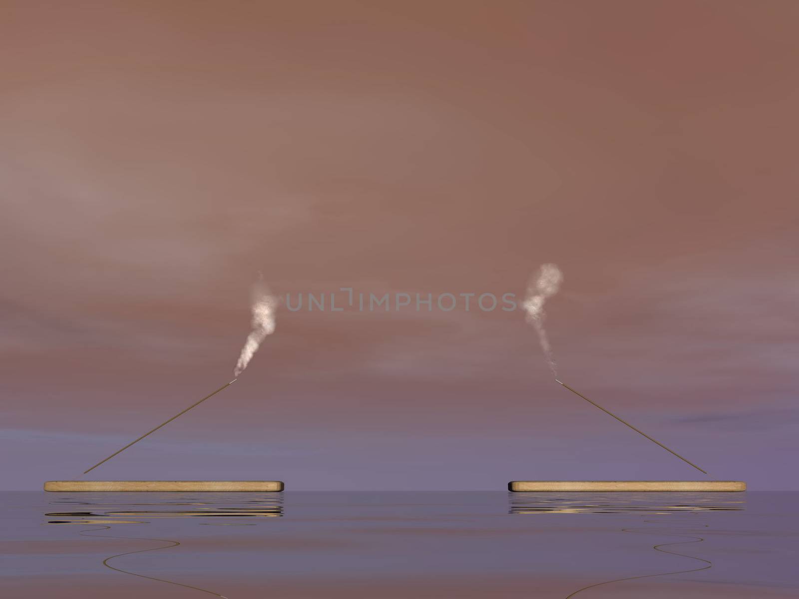 Two incense sticks with smoke upon water in colorful background
