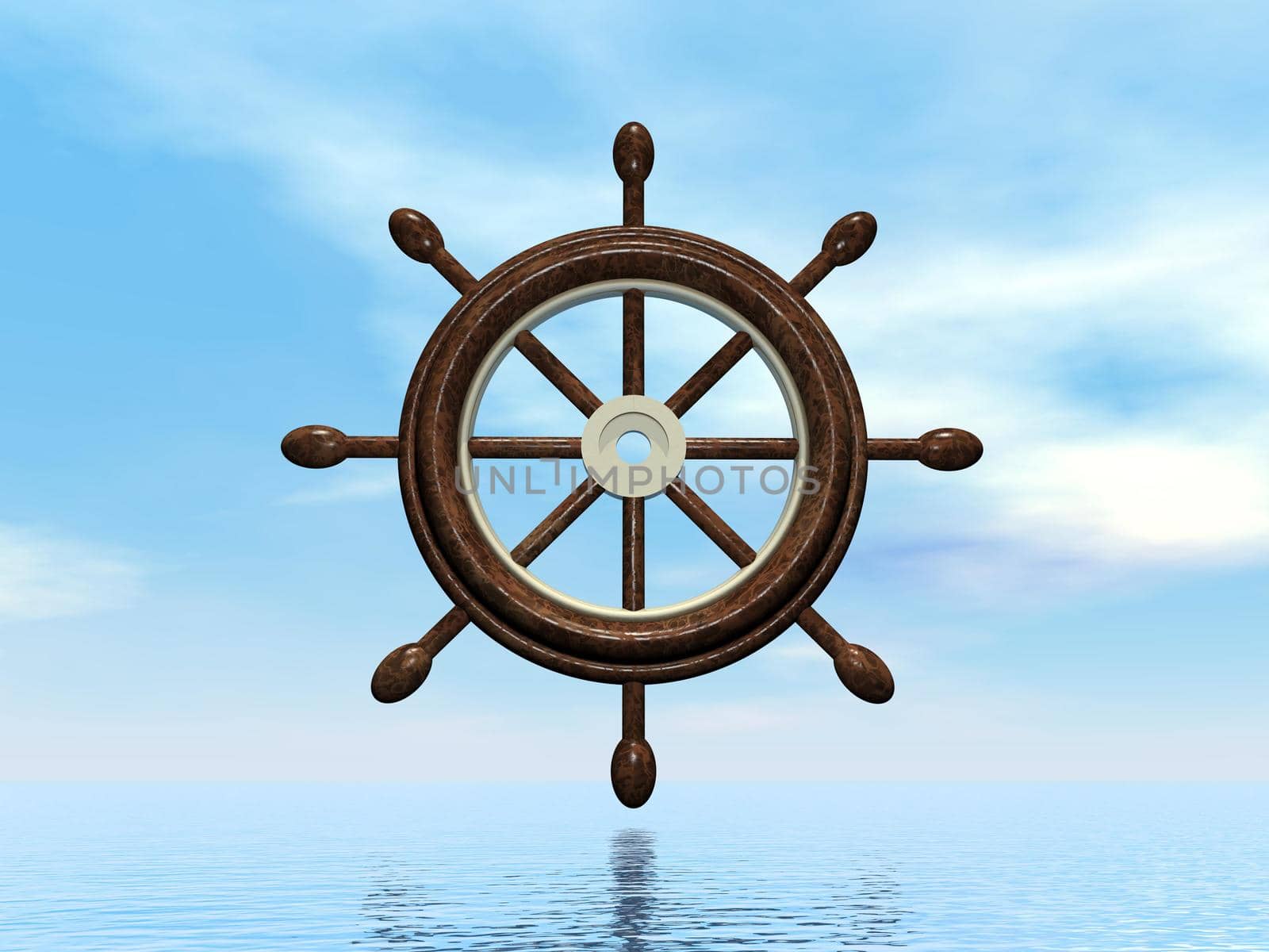 Beautiful old wooden ship wheel upon blue ocean