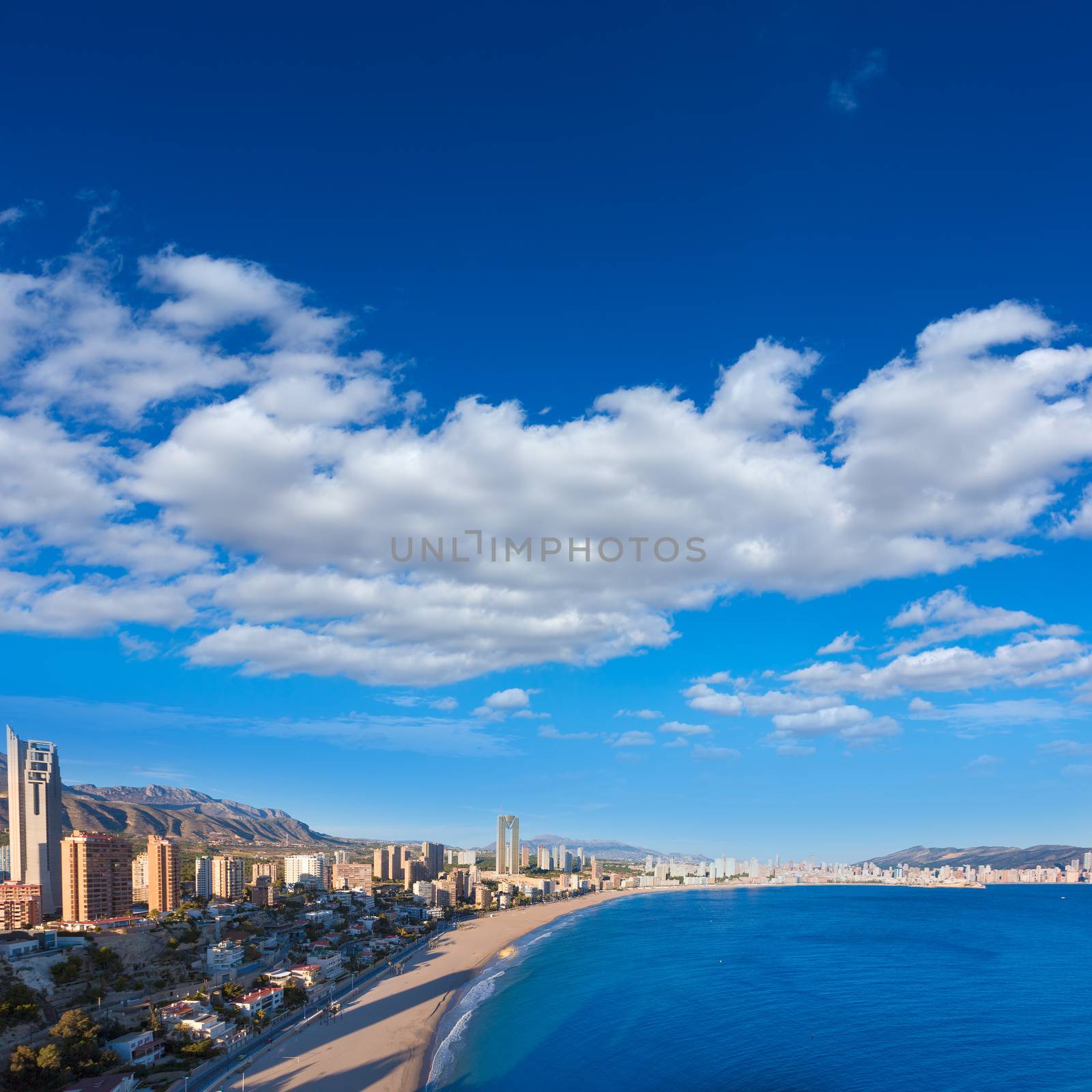 Benidorm alicante skyline aerial view of Poniente beach by lunamarina