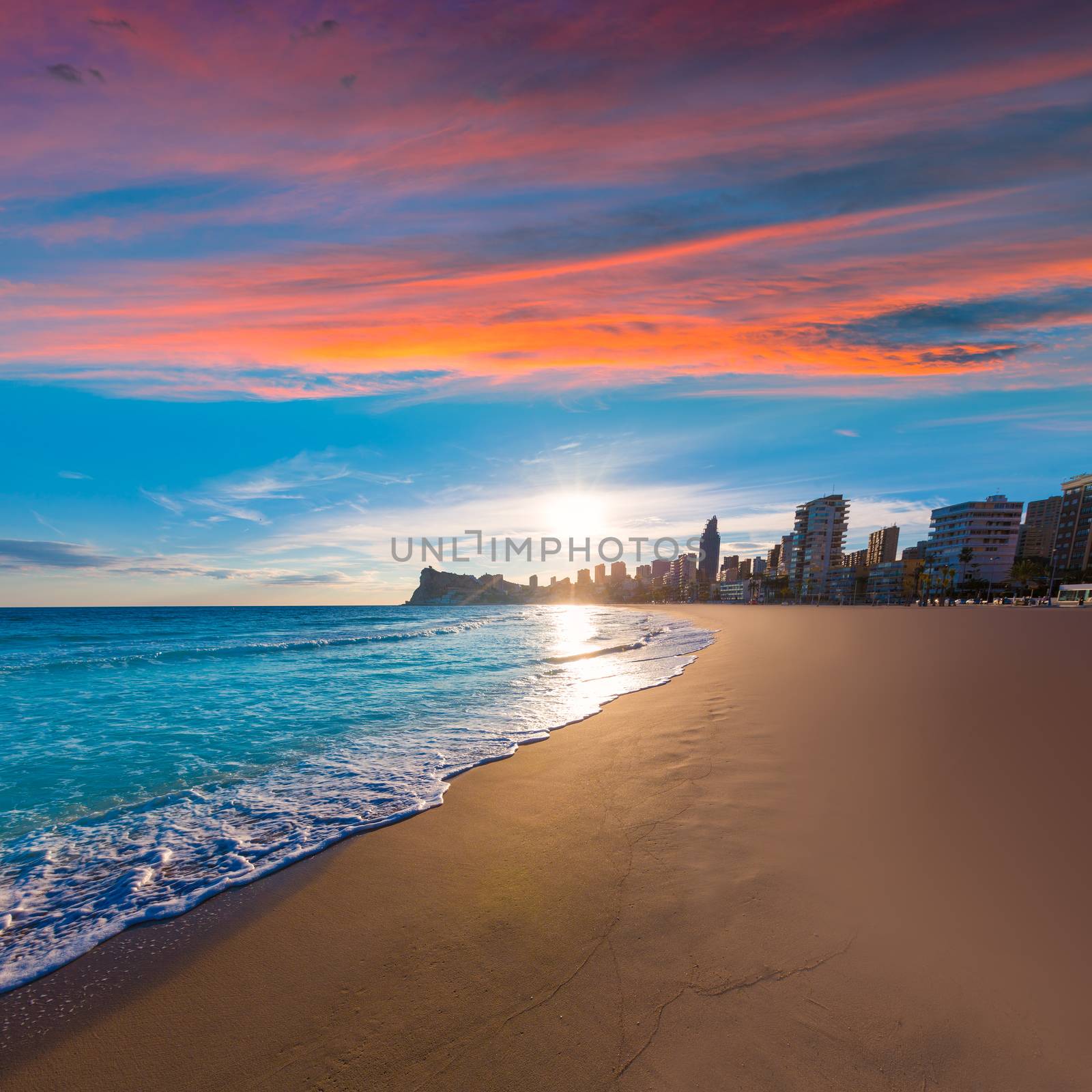 Benidorm Alicante playa de Poniente beach sunset in spain Valencian community