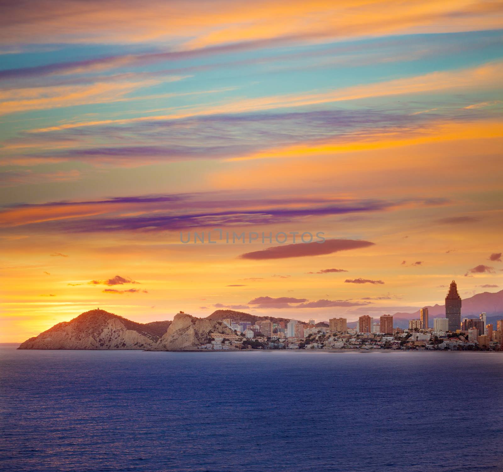 Benidorm Alicante sunset playa de Poniente beach in Spain Valencian community