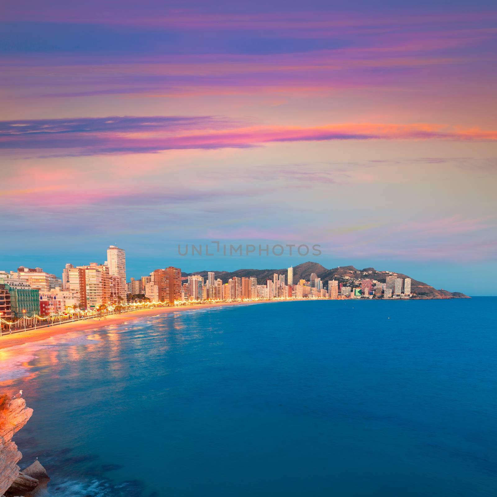 Benidorm sunset Alicante playa de Levante beach in spain Valencian community