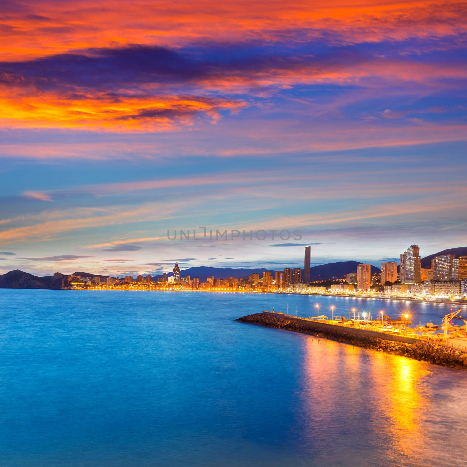 Benidorm Alicante sunset playa de Poniente beach in Spain Valencian community