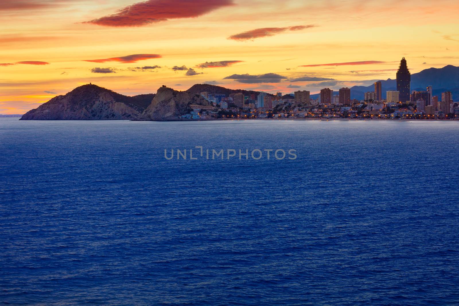 Benidorm Alicante sunset playa de Poniente beach in Spain Valencian community