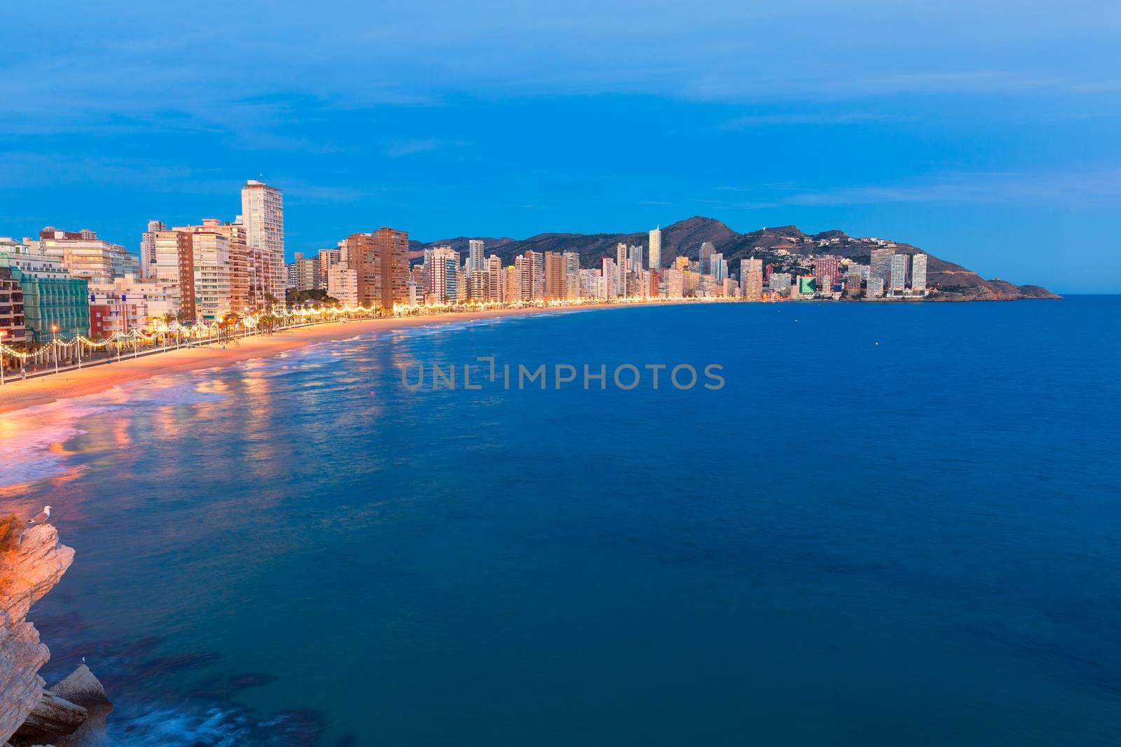 Benidorm sunset Alicante playa de Levante beach in spain Valencian community